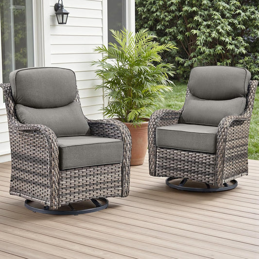Rilyson Outdoor Patio Swivel Rocker Chairs Set of 2, Waterproof Wicker, High Back, Deep Seating, Wide Armrest, Upgraded 6 inch Thick Cushions, Ideal for Deck Porch Backyard, Mixed Grey-Grey
