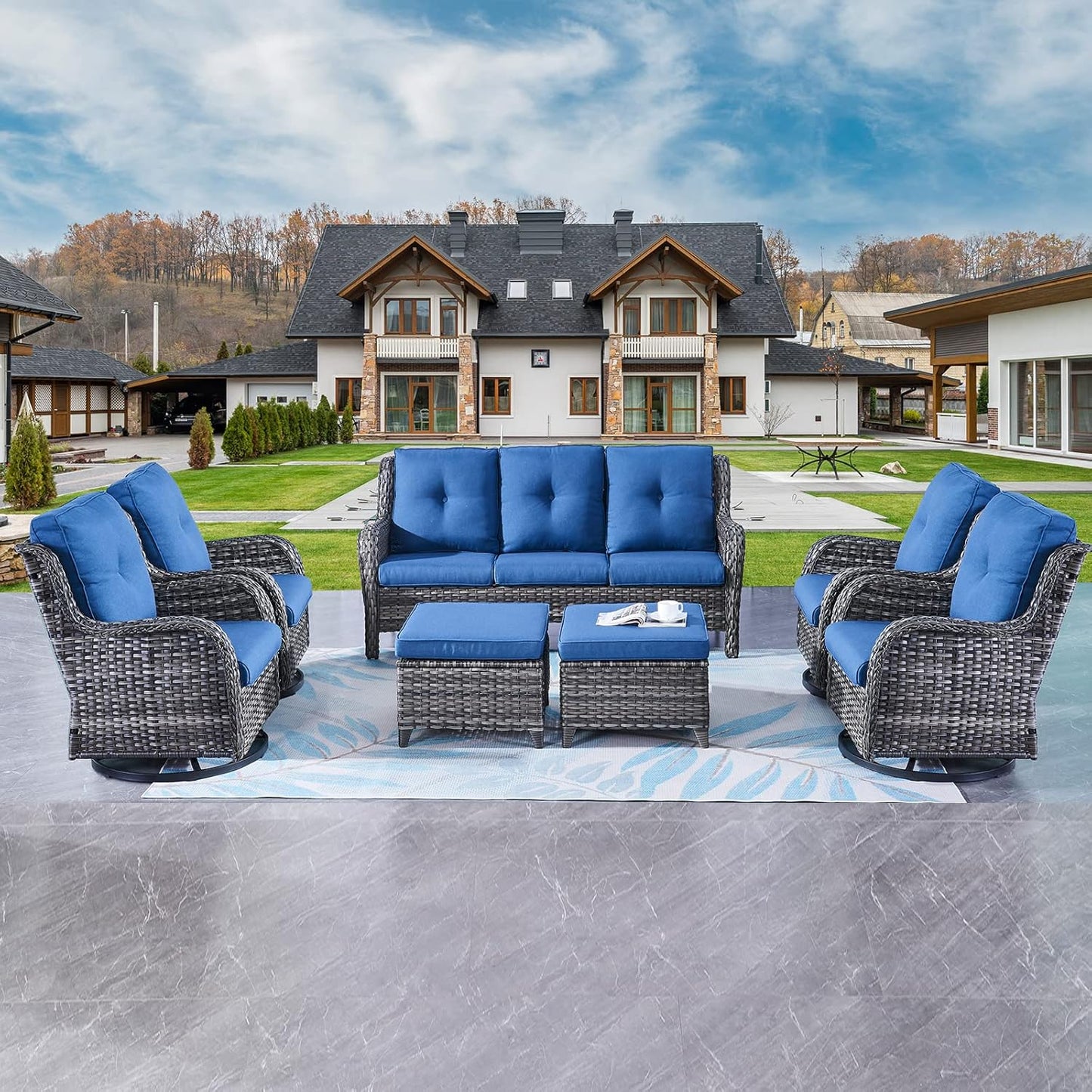 Rilyson Wicker Rocking Chair Swivel Chairs - 4 Piece Rocker Patio Chairs Set Rattan Rocking Chair for Outdoor Porch Deck Garden Backyard(Mixed Grey/Blue)