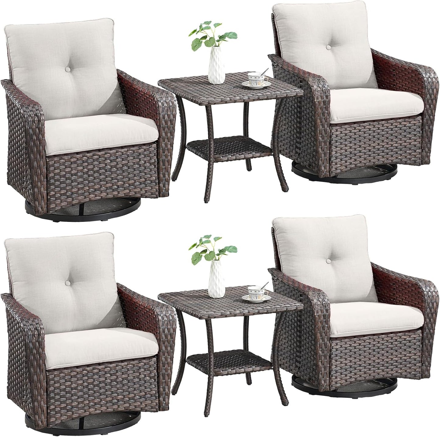 Rilyson Outdoor Patio Swivel Rocker Chairs - 3 PC Wicker Patio Bistro Sets with High Back,Comfy Cushions, Deep Seating and Side Table for Porch Deck Backyard Garden(Brown/Blue)