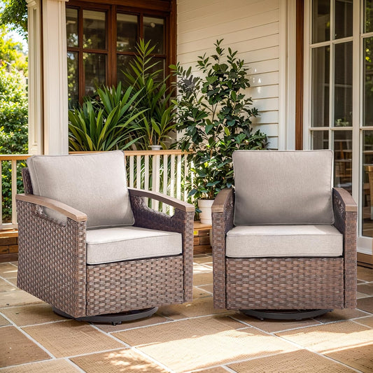 Luxury Outdoor Swivel Rocker Patio Chairs Set of 2 - Heavy Duty Metal Handrail All Weather Wicker Glider Chairs Set with Comfort Thick Cushion for Porch, Poolside and Deck | Beige