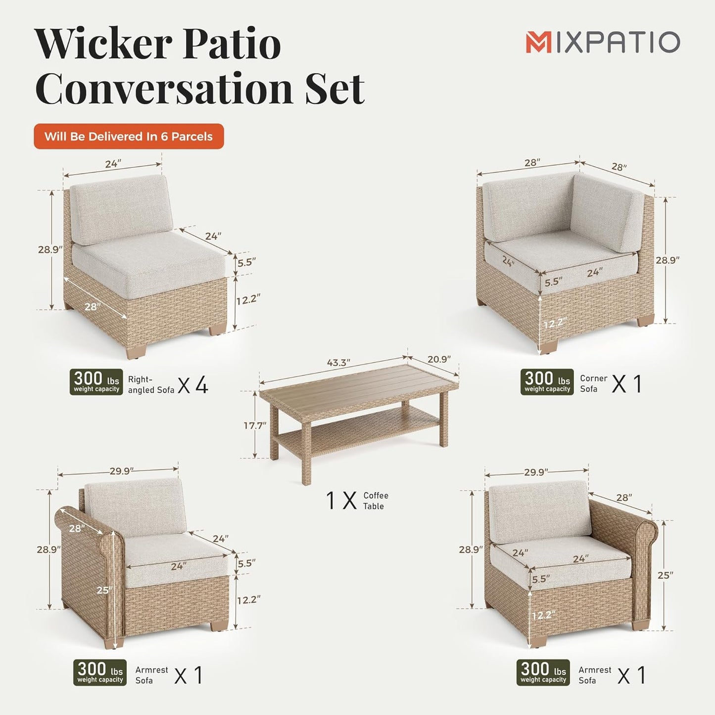 Patio Furniture Set, 8 Piece Outdoor Rattan Wicker Sectional Conversation Set with 5.5" Thick Waterproof Cushions and Coffee Table for Deck Backyard