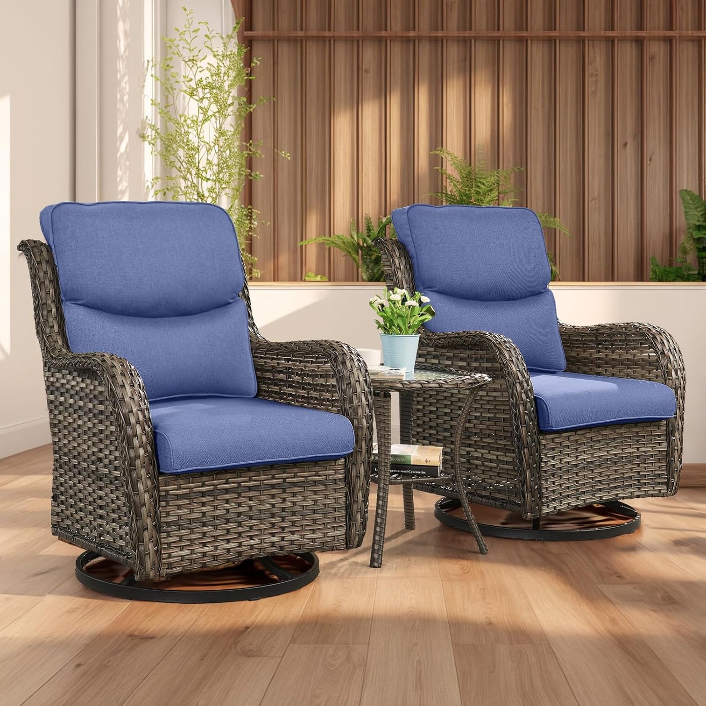 Rilyson Wicker Rocking Chair Swivel Chairs - 4 Piece Rocker Patio Chairs Set Rattan Rocking Chair for Outdoor Porch Deck Garden Backyard(Mixed Grey/Blue)