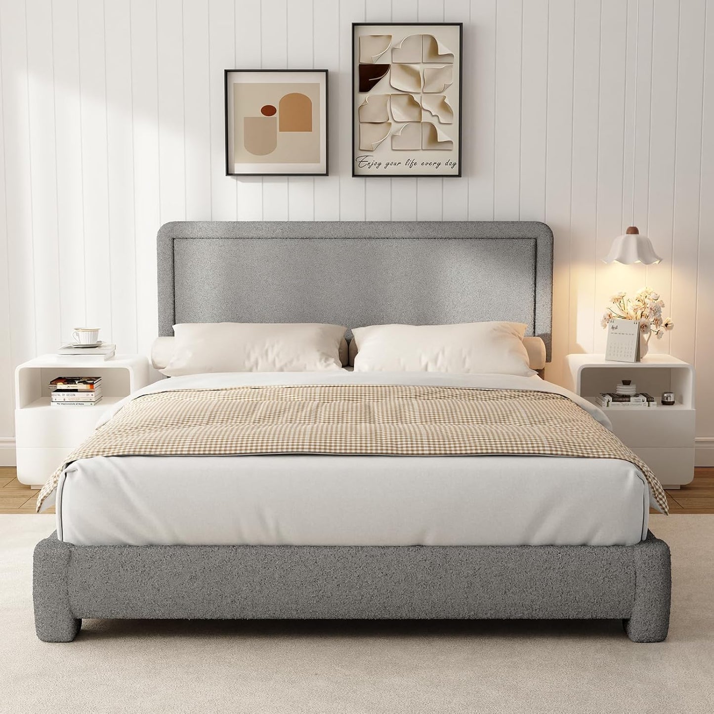 Queen Size Boucle Bed Frame, Modern Cream Bed Frame with Headboard, Soft Rounded Corners, No Box Spring Required, Adjustable Headboard, Easy Assembly