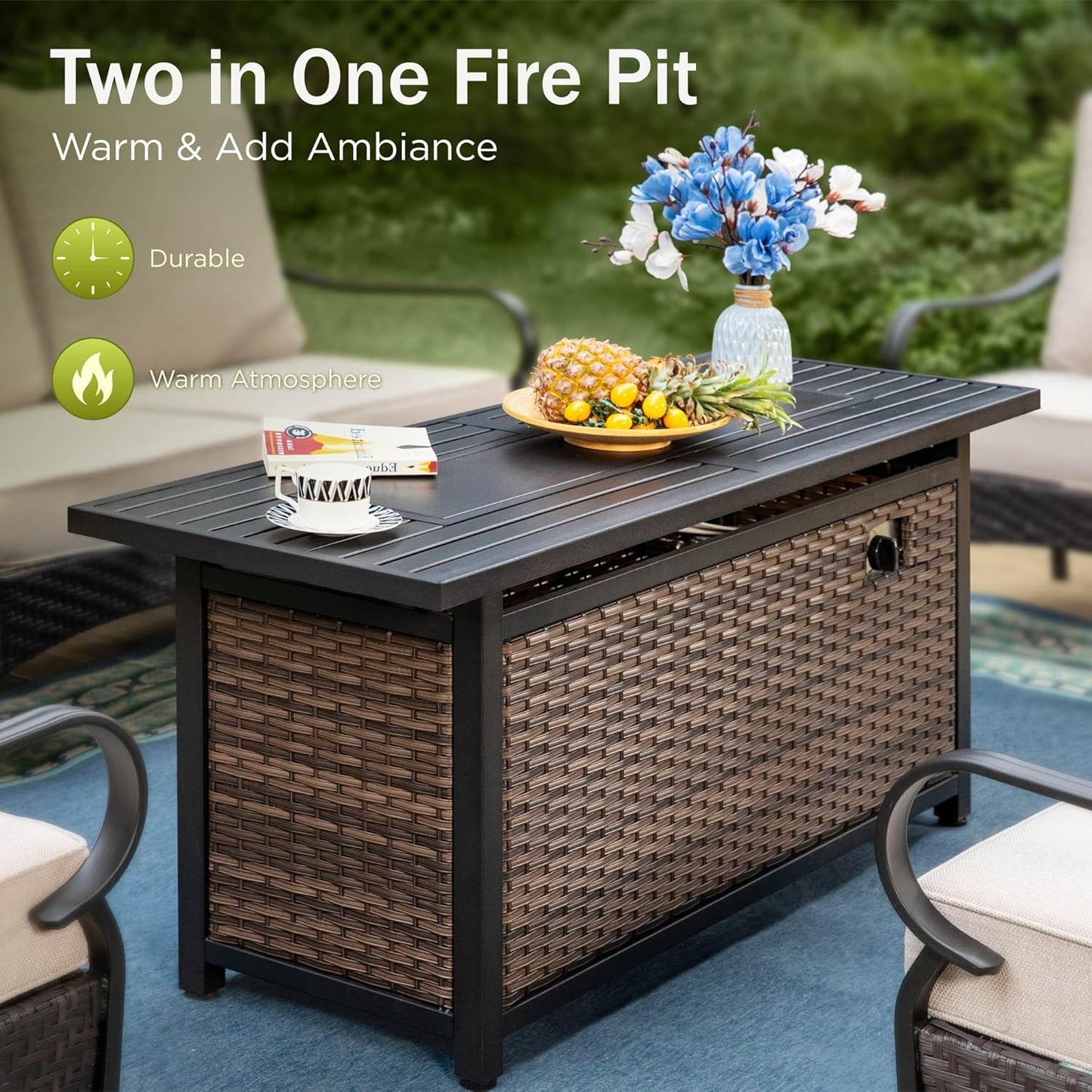 Patio Furniture Set with 56" Fire Pit Table, Premium Outdoor Wicker Metal Frame Furniture with Upgraded Waterproof Thick Cushions for Porch, Poolside, Deck, and Yard (4 Pieces,Red