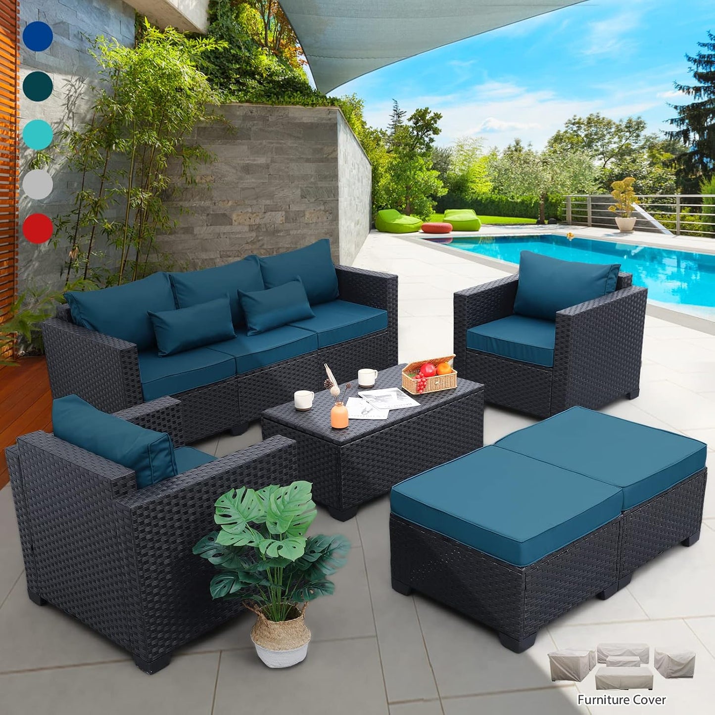 Rattaner Patio Wicker Furniture Set 6 Pieces Outdoor HDPE Wicker Conversation Couch Sectional Chair Sofa Set with Grey Cushions