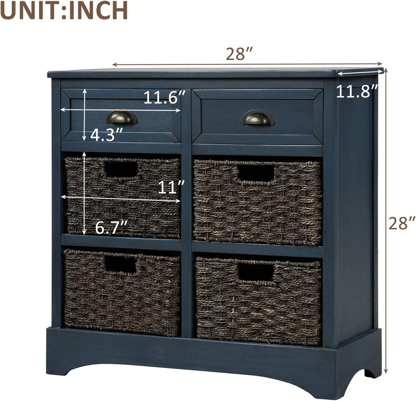 Harper & Bright Designs Rustic Storage Cabinet, Accent Storage Cabinet with 2 Drawers and 4 Classic Fabric Basket for Kitchen/Entryway/Living Room, Antique Navy