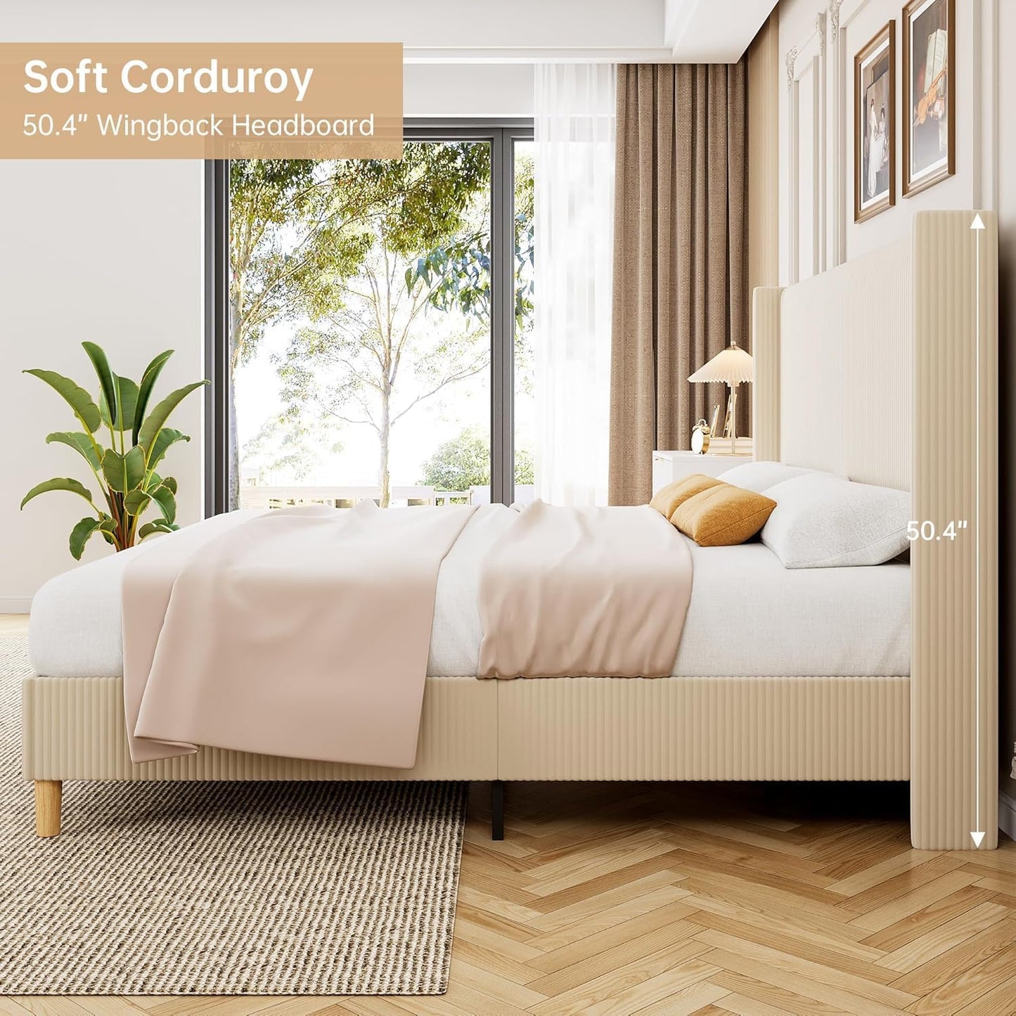 GarveeHome Queen Bed Frame, Upholstered Platform Corduroy Bed Frame with Vertical Channel Tufted Wingback Headboard, Strong Wooden Slats, No Box Spring Needed, Easy Assembly, Creamy Beige