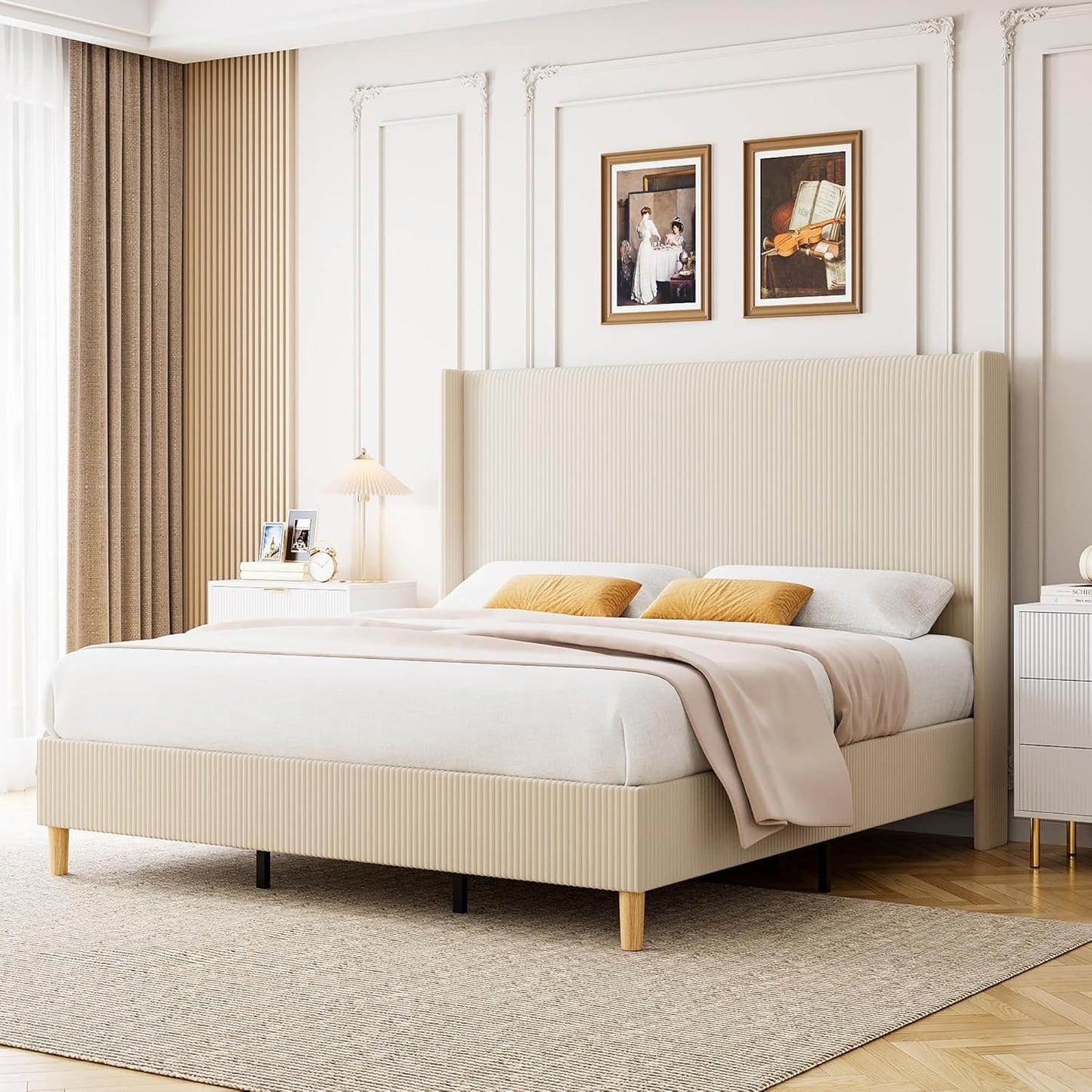 GarveeHome Queen Bed Frame, Upholstered Platform Corduroy Bed Frame with Vertical Channel Tufted Wingback Headboard, Strong Wooden Slats, No Box Spring Needed, Easy Assembly, Creamy Beige