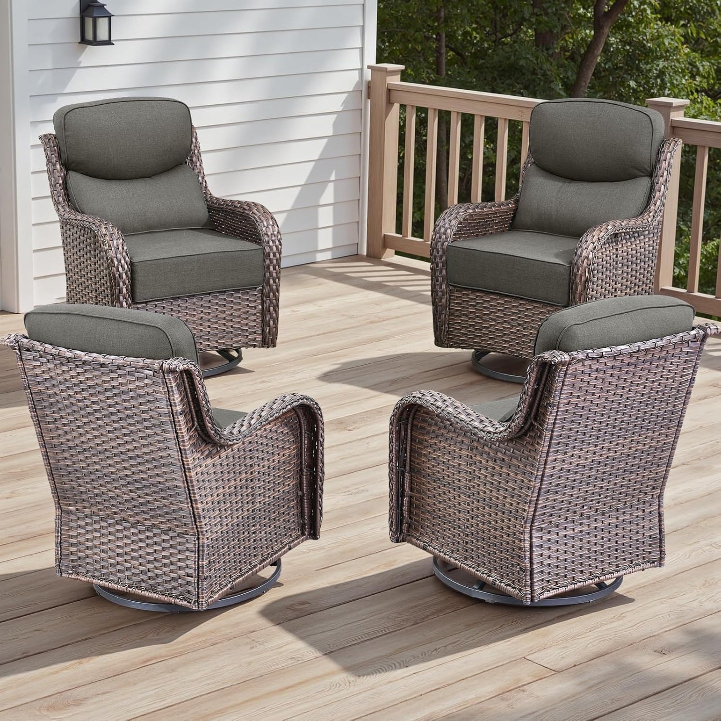 Rilyson Outdoor Patio Swivel Rocker Chairs Set of 2, Waterproof Wicker, High Back, Deep Seating, Wide Armrest, Upgraded 6 inch Thick Cushions, Ideal for Deck Porch Backyard, Mixed Grey-Grey