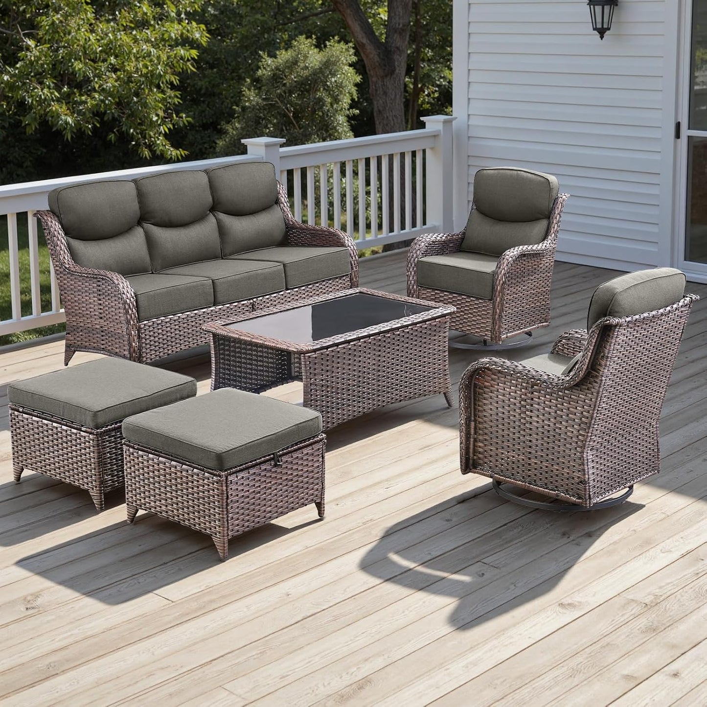 Rilyson Outdoor Patio Swivel Rocker Chairs Set of 2, Waterproof Wicker, High Back, Deep Seating, Wide Armrest, Upgraded 6 inch Thick Cushions, Ideal for Deck Porch Backyard, Mixed Grey-Grey