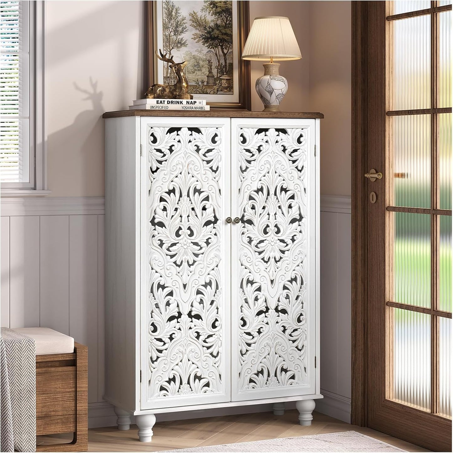 47" Tall Accent Cabinet with Doors and Shelves, Storage Cabinet with Solid Wood Legs for Living Room,Entryway,Dining Room,Bedroom,Blue