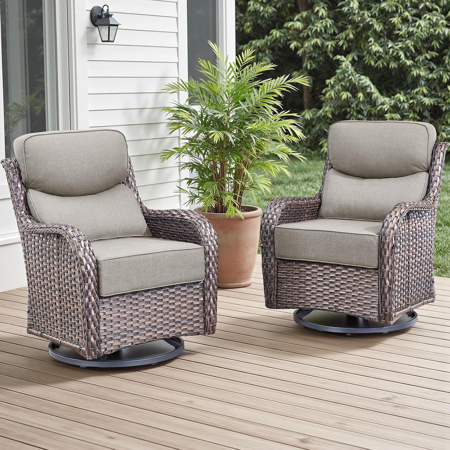 Rilyson Outdoor Patio Swivel Rocker Chairs Set of 2, Waterproof Wicker, High Back, Deep Seating, Wide Armrest, Upgraded 6 inch Thick Cushions, Ideal for Deck Porch Backyard, Mixed Grey-Grey