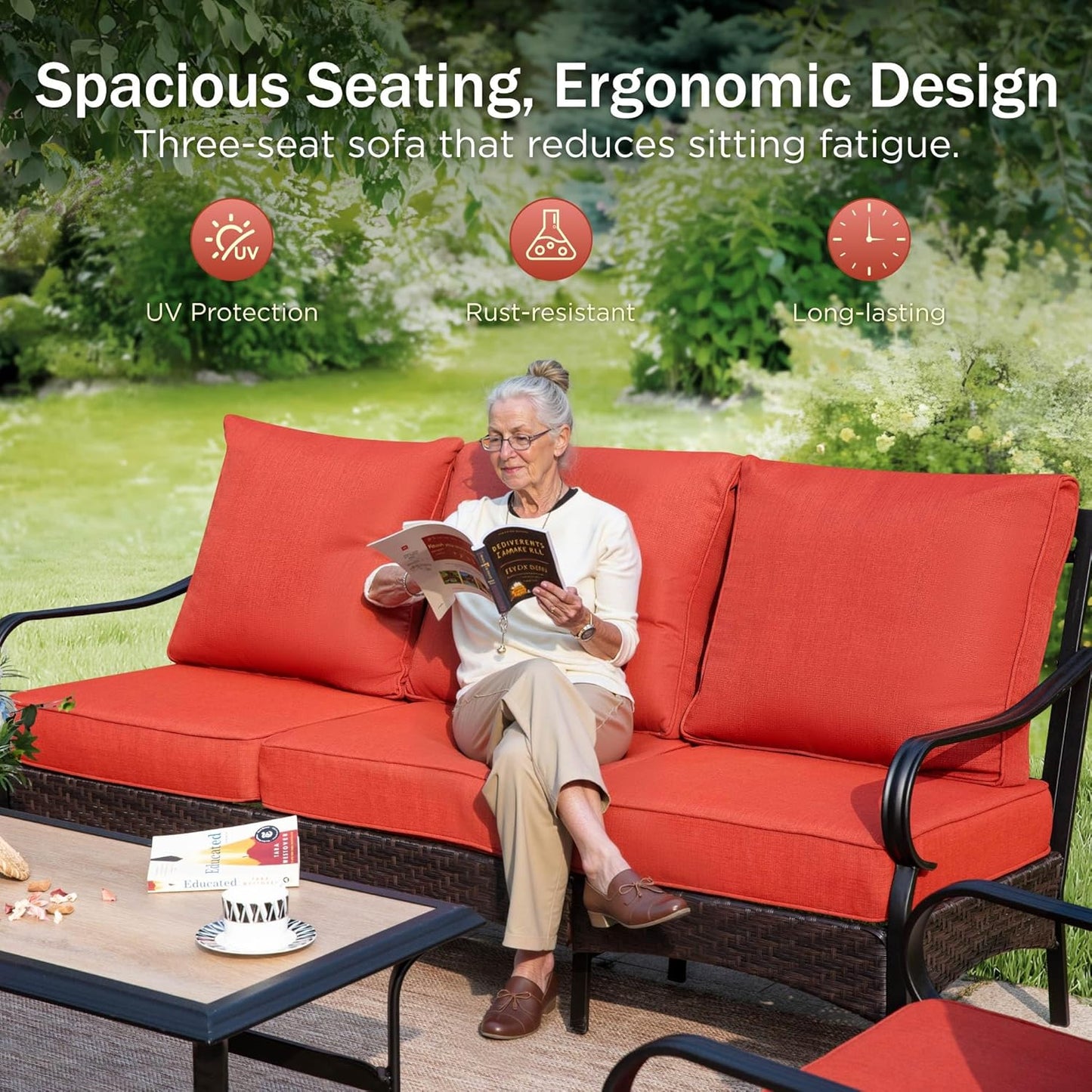 Patio Furniture Set with 56" Fire Pit Table, Premium Outdoor Wicker Metal Frame Furniture with Upgraded Waterproof Thick Cushions for Porch, Poolside, Deck, and Yard (4 Pieces,Red