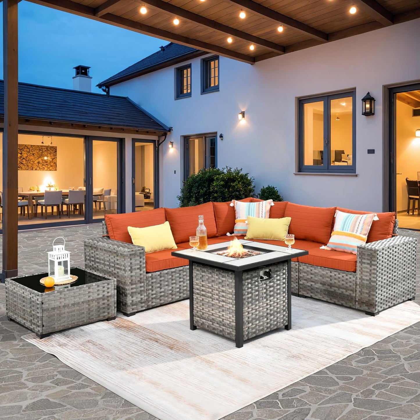 ovios 6 Pieces Patio Furniture Set, Outdoor Wicker Sectional Sofa with Glass Table Comfy Cushions, Modern Modular Deep Seat Couch Rattan Conversation Set, Denim Blue