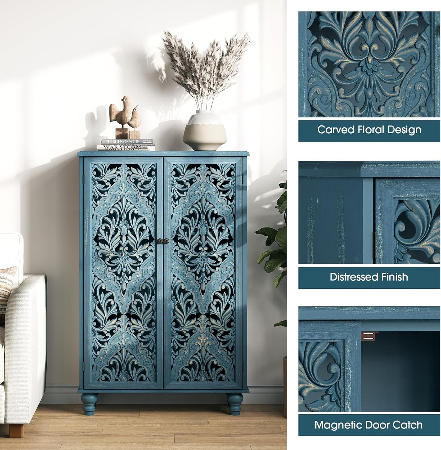 47" Tall Accent Cabinet with Doors and Shelves, Storage Cabinet with Solid Wood Legs for Living Room,Entryway,Dining Room,Bedroom,Blue