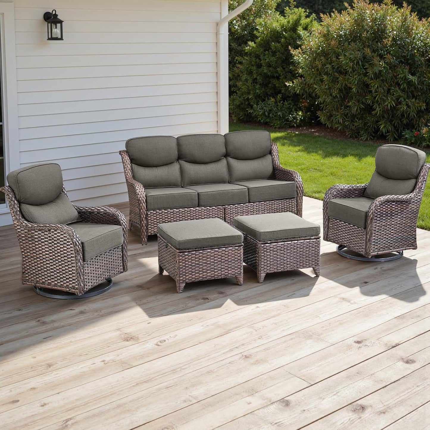 Rilyson Outdoor Patio Swivel Rocker Chairs Set of 2, Waterproof Wicker, High Back, Deep Seating, Wide Armrest, Upgraded 6 inch Thick Cushions, Ideal for Deck Porch Backyard, Mixed Grey-Grey