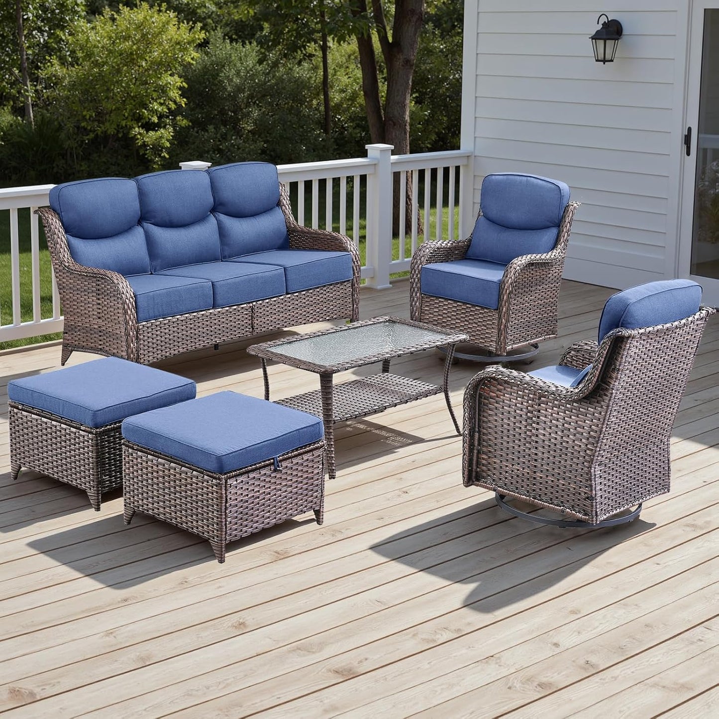 Rilyson Outdoor Patio Swivel Rocker Chairs Set of 2, Waterproof Wicker, High Back, Deep Seating, Wide Armrest, Upgraded 6 inch Thick Cushions, Ideal for Deck Porch Backyard, Mixed Grey-Grey