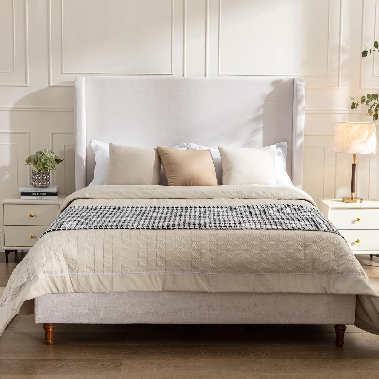 Queen Size Upholstered Platform Bed Frame, 54" High Headboard Carmen Wingback Bed, Fully Upholstered Mattress Foundation, No Box Spring Needed No Noise, Minimalist, Textured Ivory