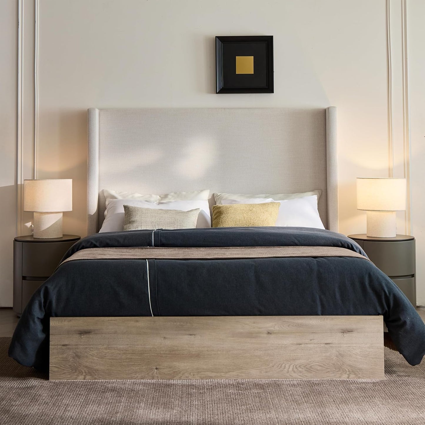Queen Size Upholstered Platform Bed Frame, 54" High Headboard Carmen Wingback Bed, Fully Upholstered Mattress Foundation, No Box Spring Needed No Noise, Minimalist, Textured Ivory