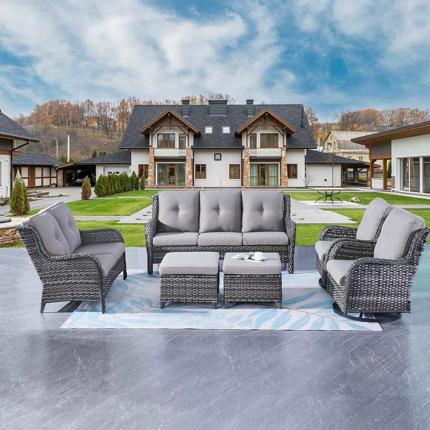 Rilyson Wicker Rocking Chair Swivel Chairs - 4 Piece Rocker Patio Chairs Set Rattan Rocking Chair for Outdoor Porch Deck Garden Backyard(Mixed Grey/Blue)