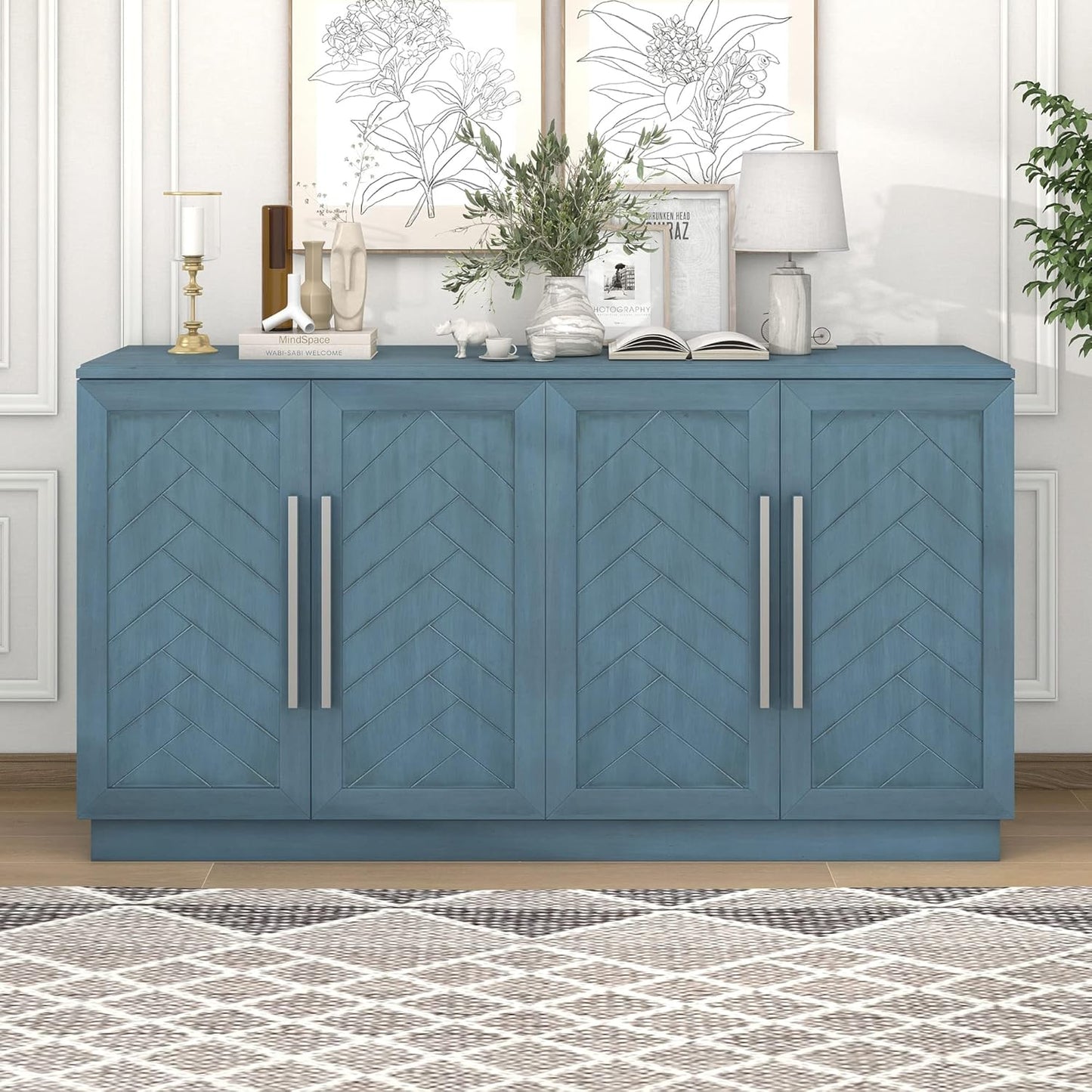 Harper & Bright Designs Rustic Storage Cabinet, Accent Storage Cabinet with 2 Drawers and 4 Classic Fabric Basket for Kitchen/Entryway/Living Room, Antique Navy