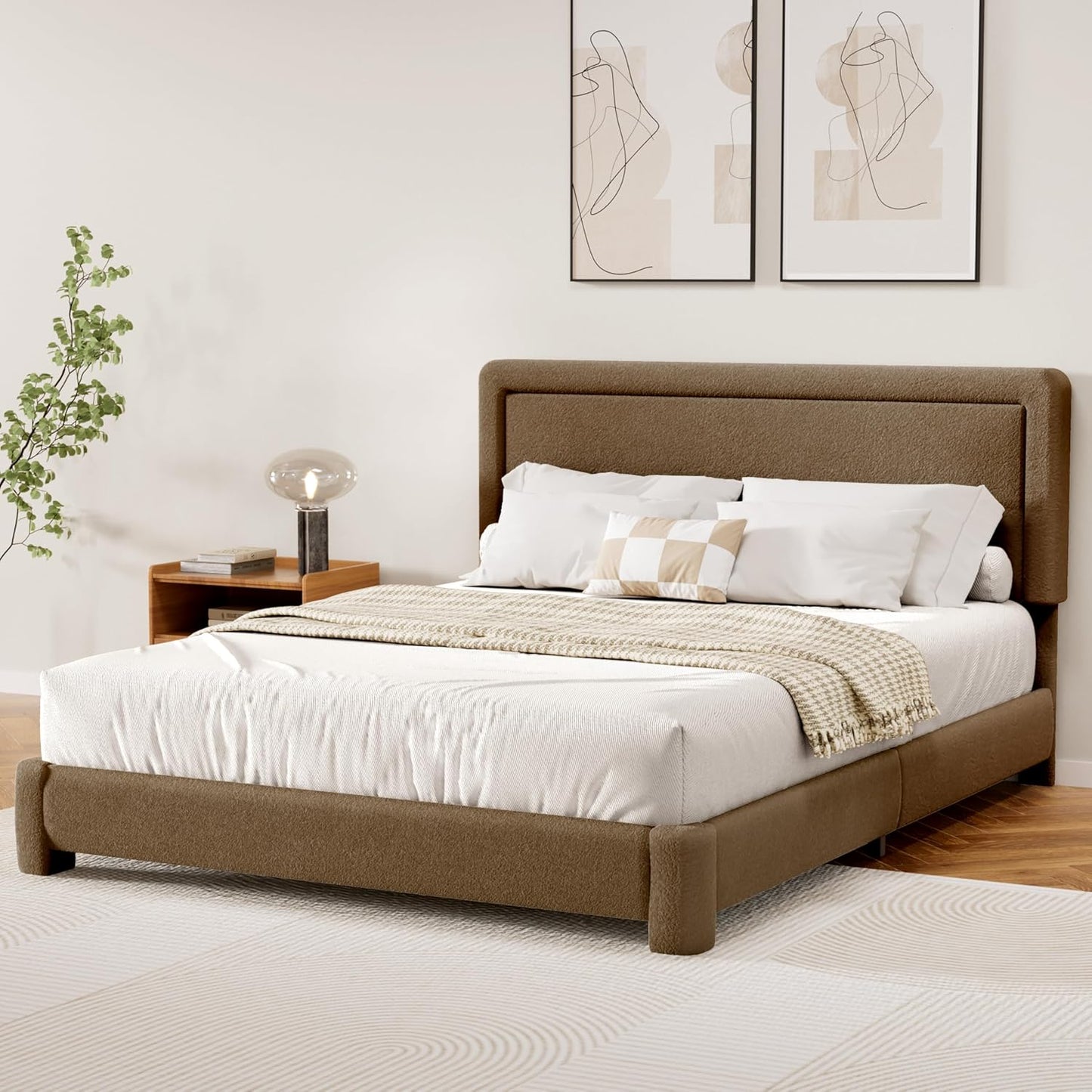 Queen Size Boucle Bed Frame, Modern Cream Bed Frame with Headboard, Soft Rounded Corners, No Box Spring Required, Adjustable Headboard, Easy Assembly