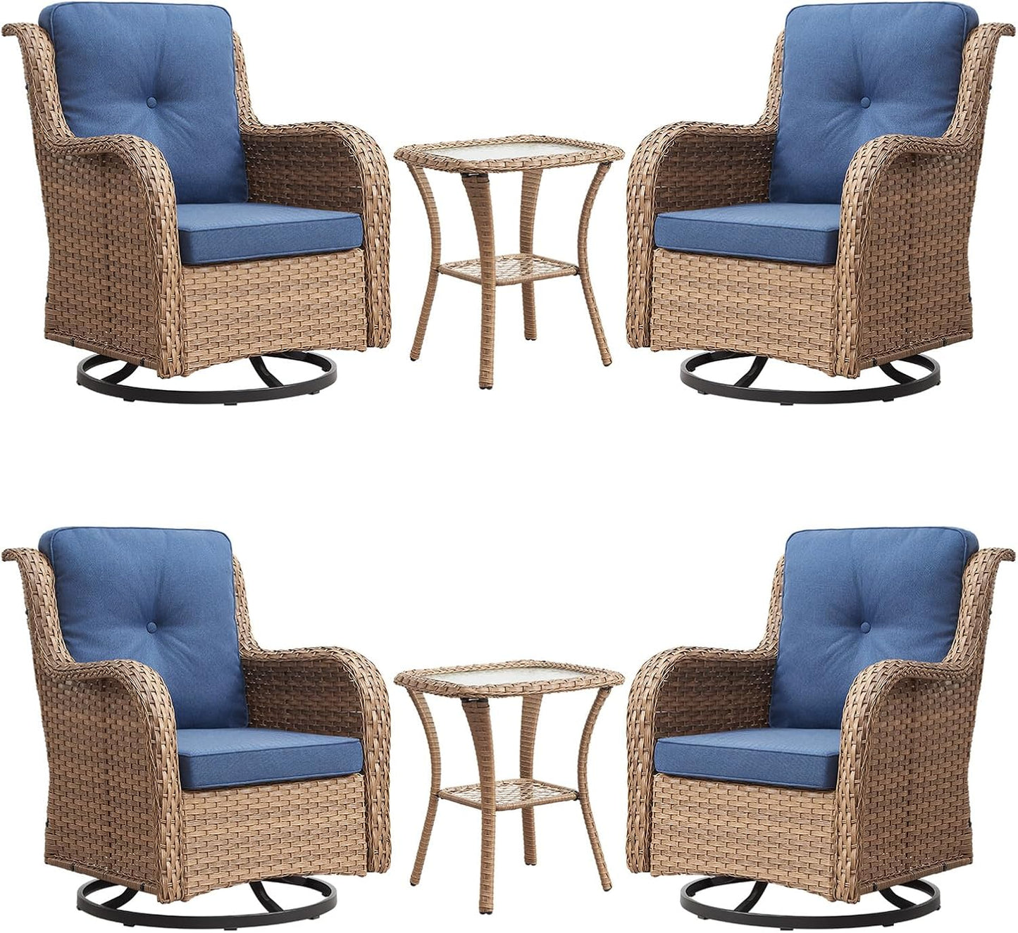 Rilyson Wicker Rocking Chair Swivel Chairs - 4 Piece Rocker Patio Chairs Set Rattan Rocking Chair for Outdoor Porch Deck Garden Backyard(Mixed Grey/Blue)