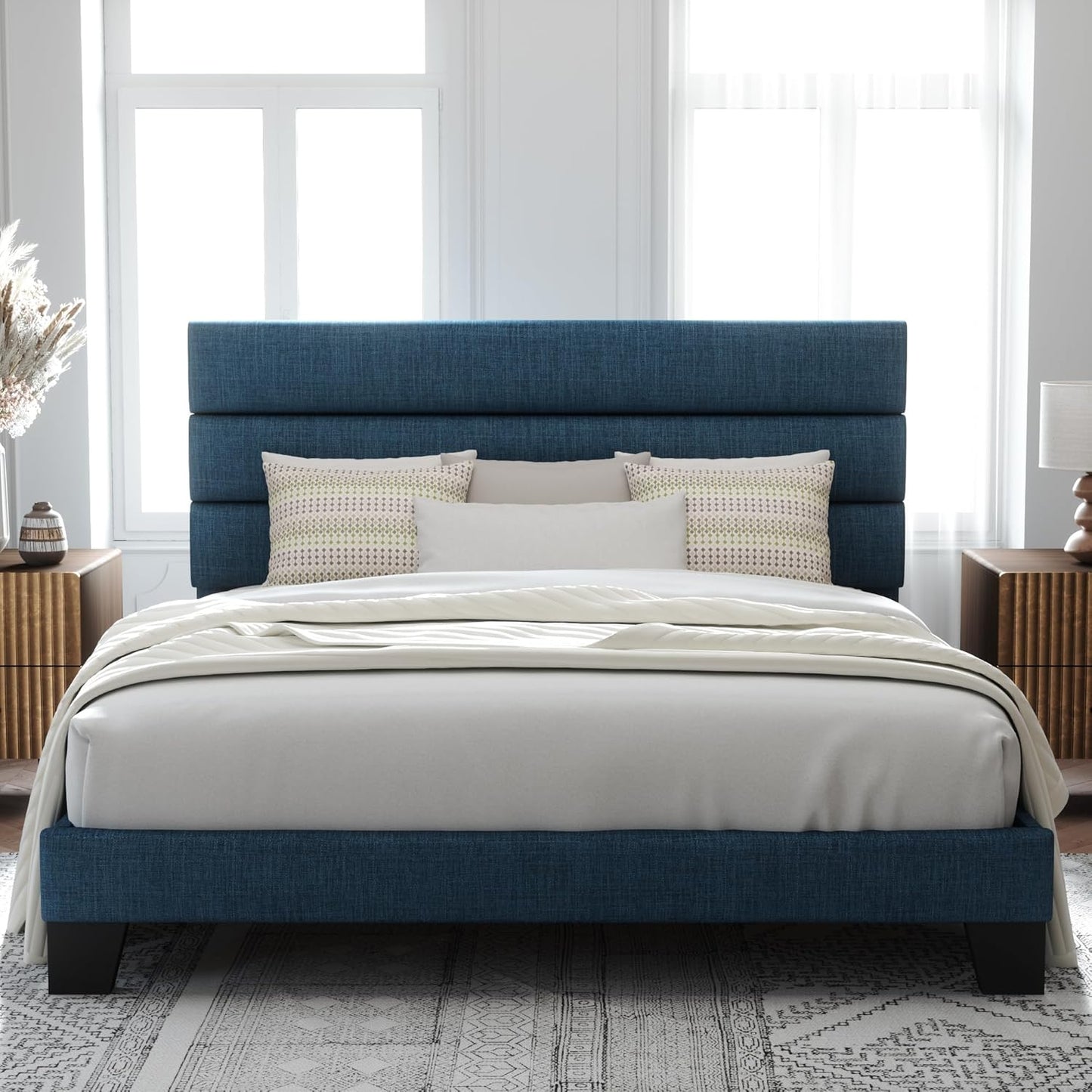 Allewie King Size Platform Bed Frame with Fabric Upholstered Headboard and Wooden Slats Support, Fully Upholstered Mattress Foundation/No Box Spring Needed/Easy Assembly, Beige