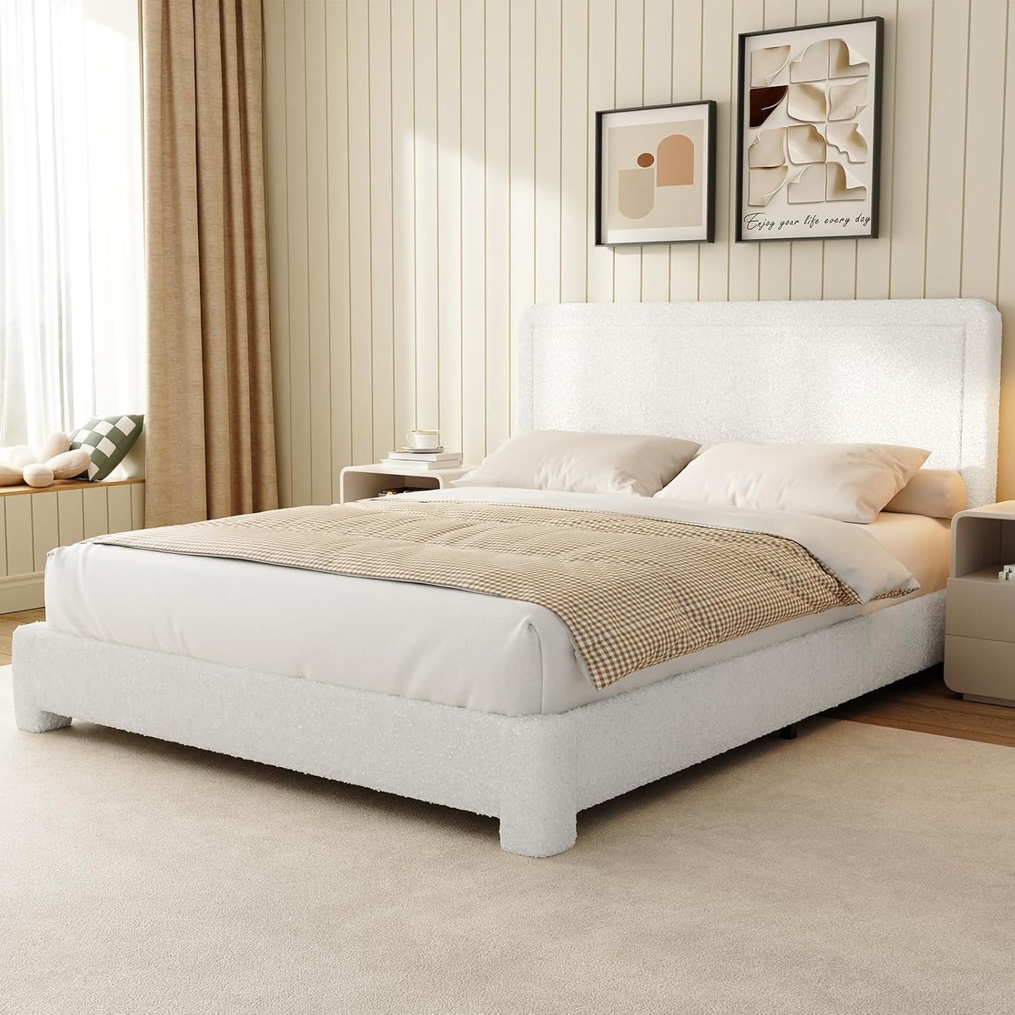 Queen Size Boucle Bed Frame, Modern Cream Bed Frame with Headboard, Soft Rounded Corners, No Box Spring Required, Adjustable Headboard, Easy Assembly