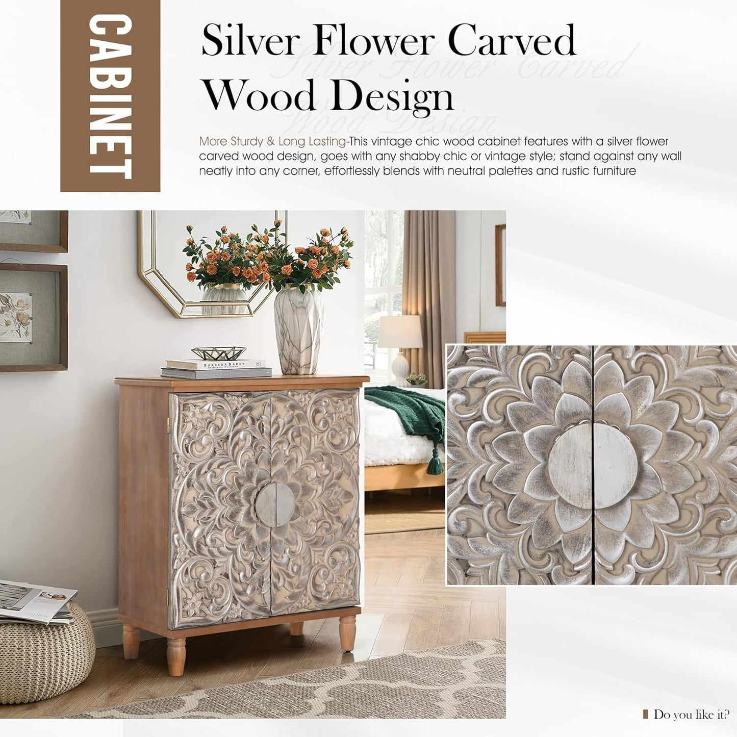 PHI VILLA Accent Cabinet with Doors - Antique Storage Cabinet for Entryway Buffet Sideboard