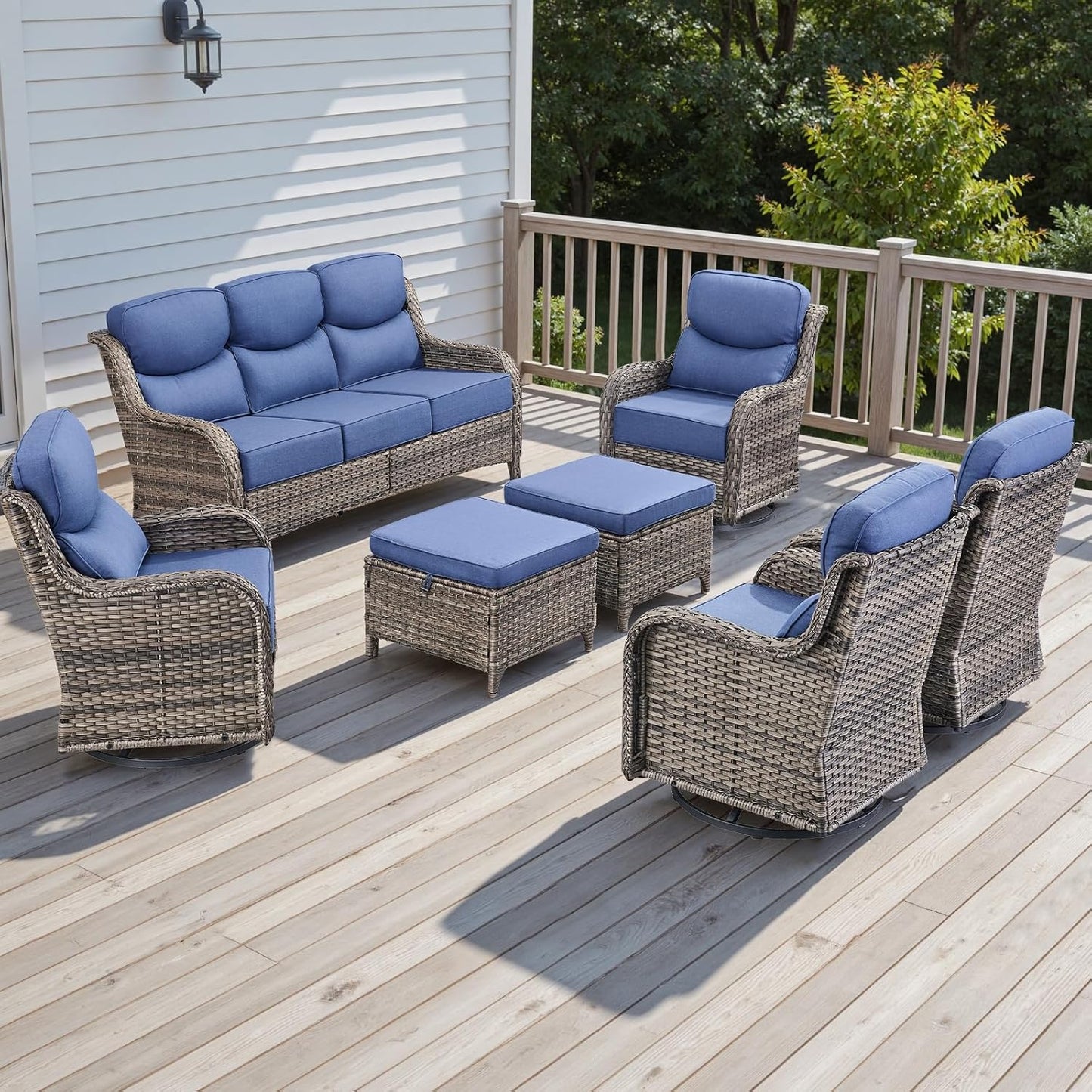 Rilyson Outdoor Patio Swivel Rocker Chairs Set of 2, Waterproof Wicker, High Back, Deep Seating, Wide Armrest, Upgraded 6 inch Thick Cushions, Ideal for Deck Porch Backyard, Mixed Grey-Grey