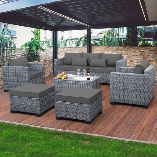 6 Pieces Wicker Patio Furniture Sets Outdoor Conversation Set PE Rattan Sectional Sofa Couch with Storage Table and Grey Cushions