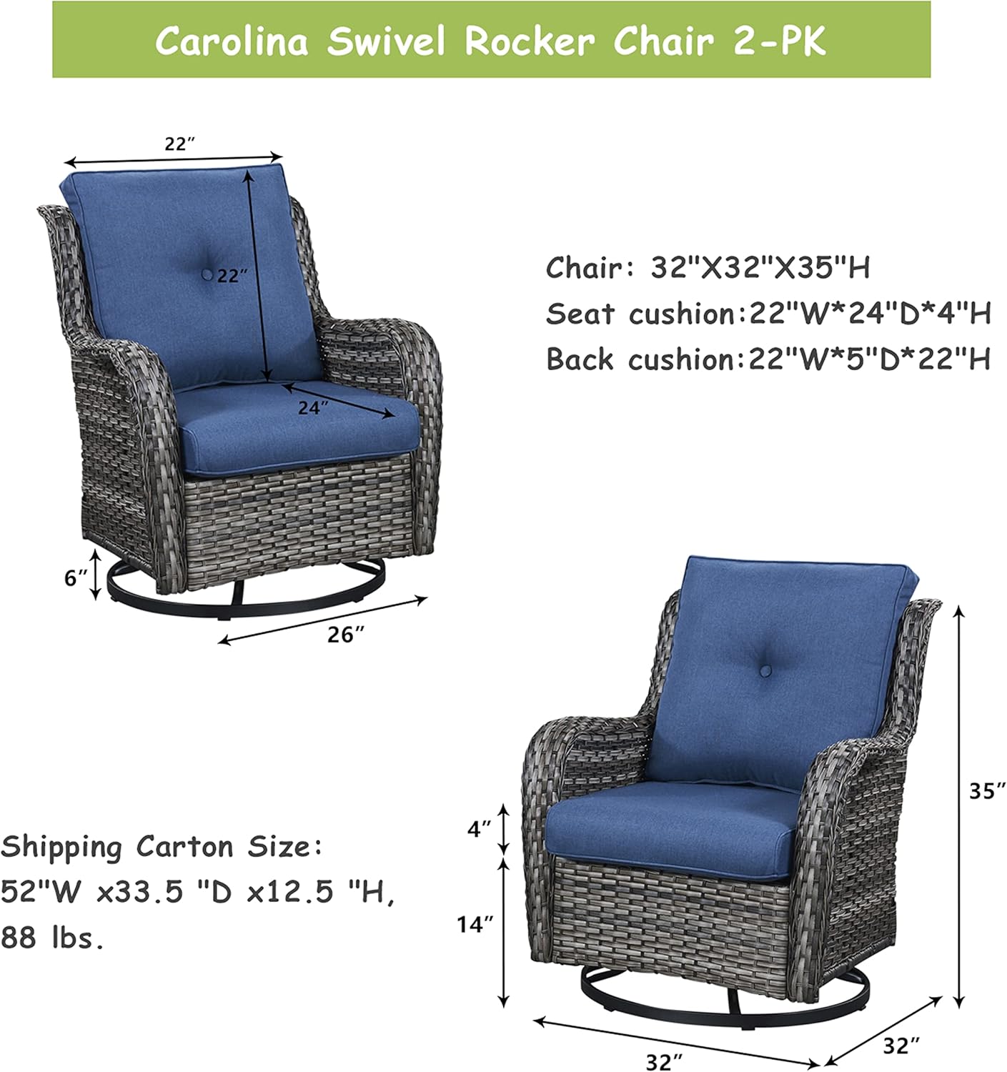 Rilyson Wicker Rocking Chair Swivel Chairs - 4 Piece Rocker Patio Chairs Set Rattan Rocking Chair for Outdoor Porch Deck Garden Backyard(Mixed Grey/Blue)