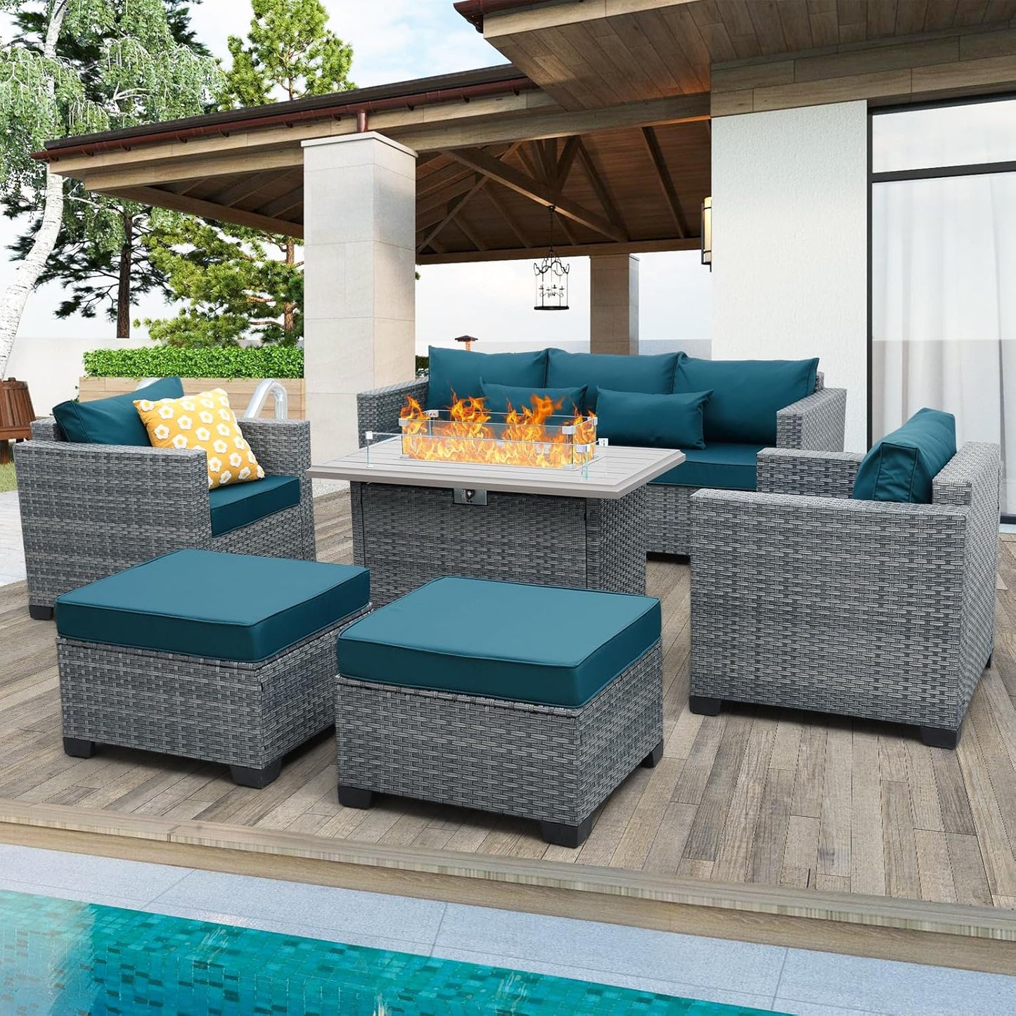 6 Pieces Wicker Patio Furniture Sets Outdoor Conversation Set PE Rattan Sectional Sofa Couch with Storage Table and Grey Cushions