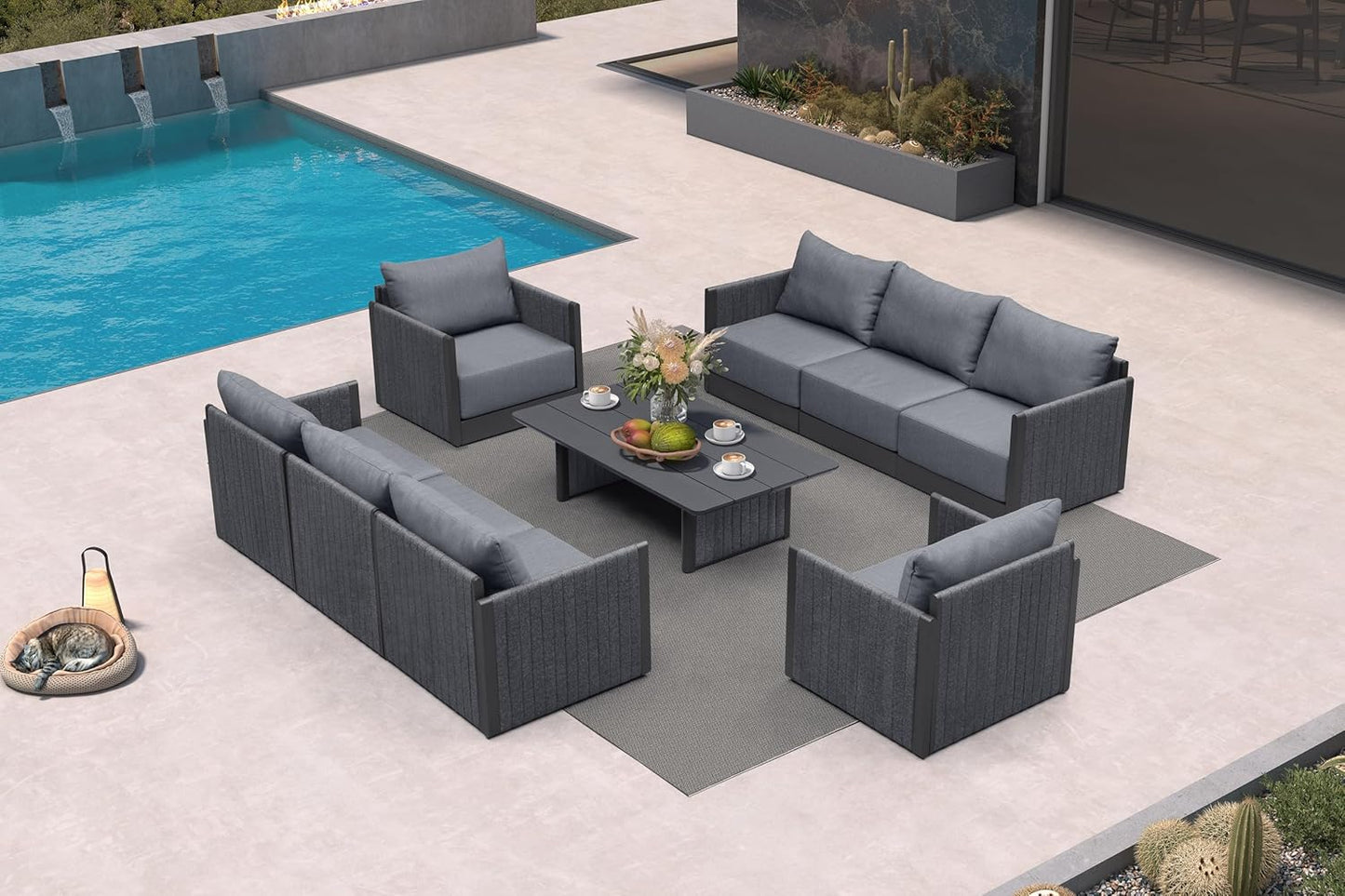PURPLE LEAF Patio Furniture Set 8 Pieces Outdoor Conversation Sets PP Rope Patio Sofa with Cushions Manual Weaving Deep Seating Furniture for Porch Lawn Backyard Gray