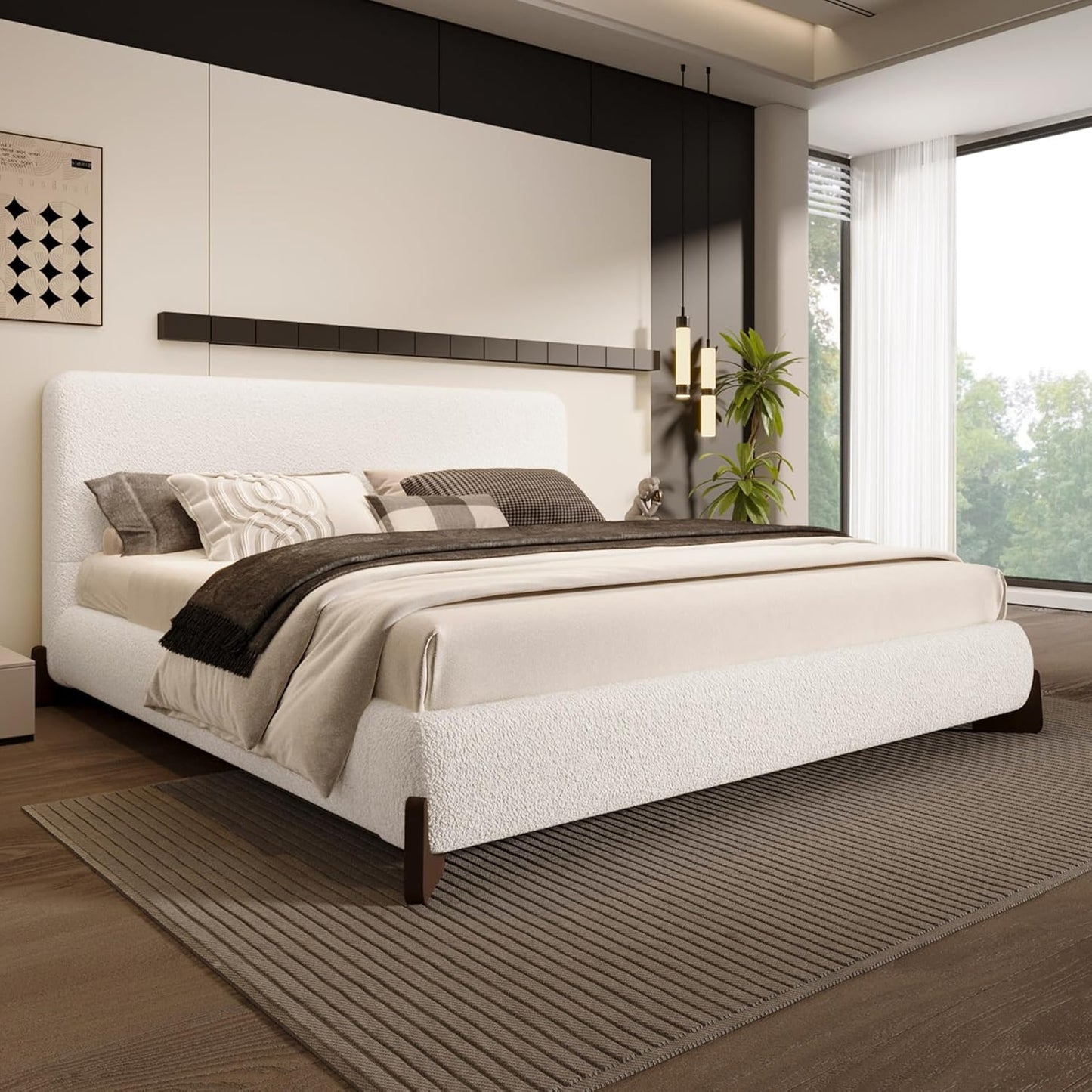 Merax Boucle Upholstered Bed, King Bed Frame and Headboard, Platform Bedframe, No Box Spring Required, Easy Assembly, White
