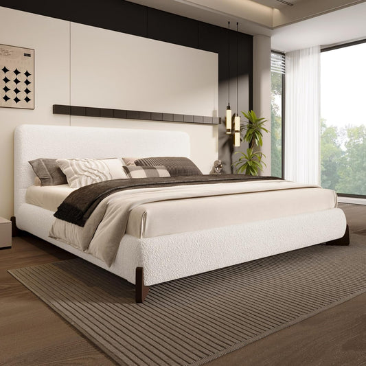 Merax Boucle Upholstered Bed, King Bed Frame and Headboard, Platform Bedframe, No Box Spring Required, Easy Assembly, White