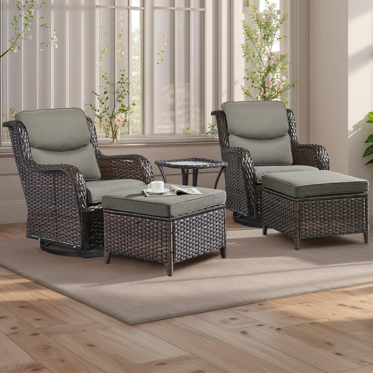 Rilyson Wicker Rocking Chair Swivel Chairs - 4 Piece Rocker Patio Chairs Set Rattan Rocking Chair for Outdoor Porch Deck Garden Backyard(Mixed Grey/Blue)