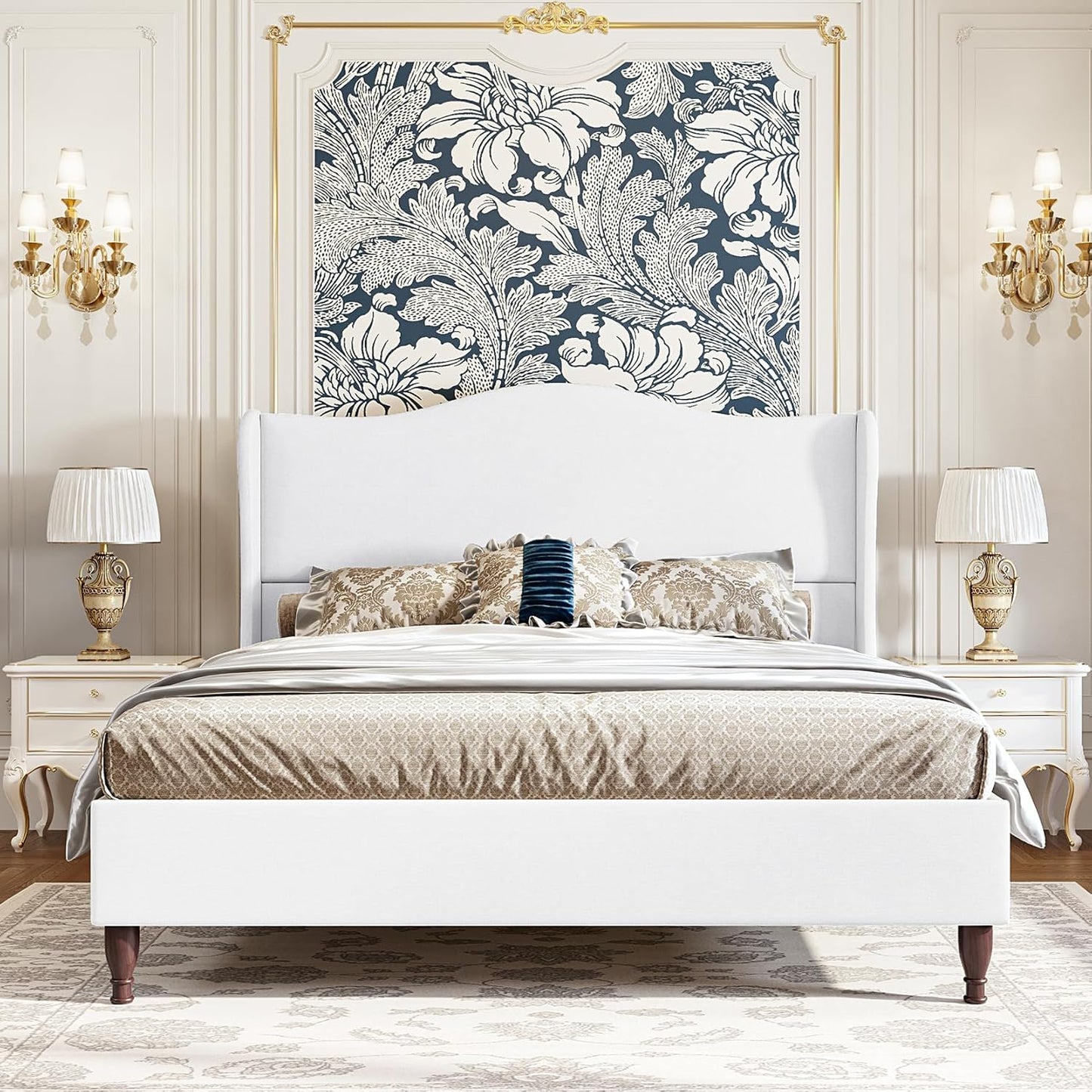 koorlian Queen Size Bed Frame Upholstered Platform Bed with 51" Tall Headboard Wingback, Soft Fabric, Retro Simple Style Platform Bed No Box Spring Needed, Easy Assembly, Beige