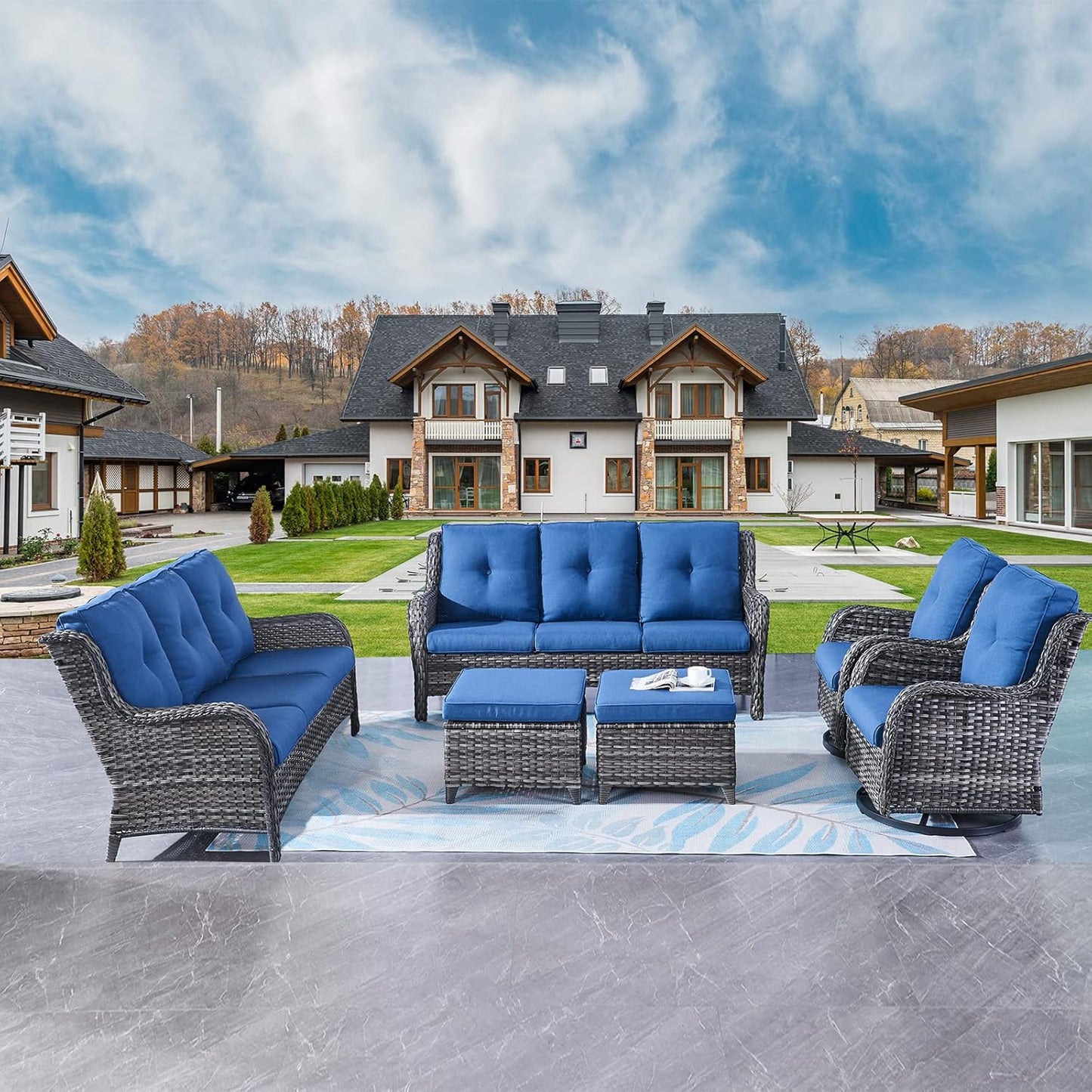 Rilyson Wicker Rocking Chair Swivel Chairs - 4 Piece Rocker Patio Chairs Set Rattan Rocking Chair for Outdoor Porch Deck Garden Backyard(Mixed Grey/Blue)