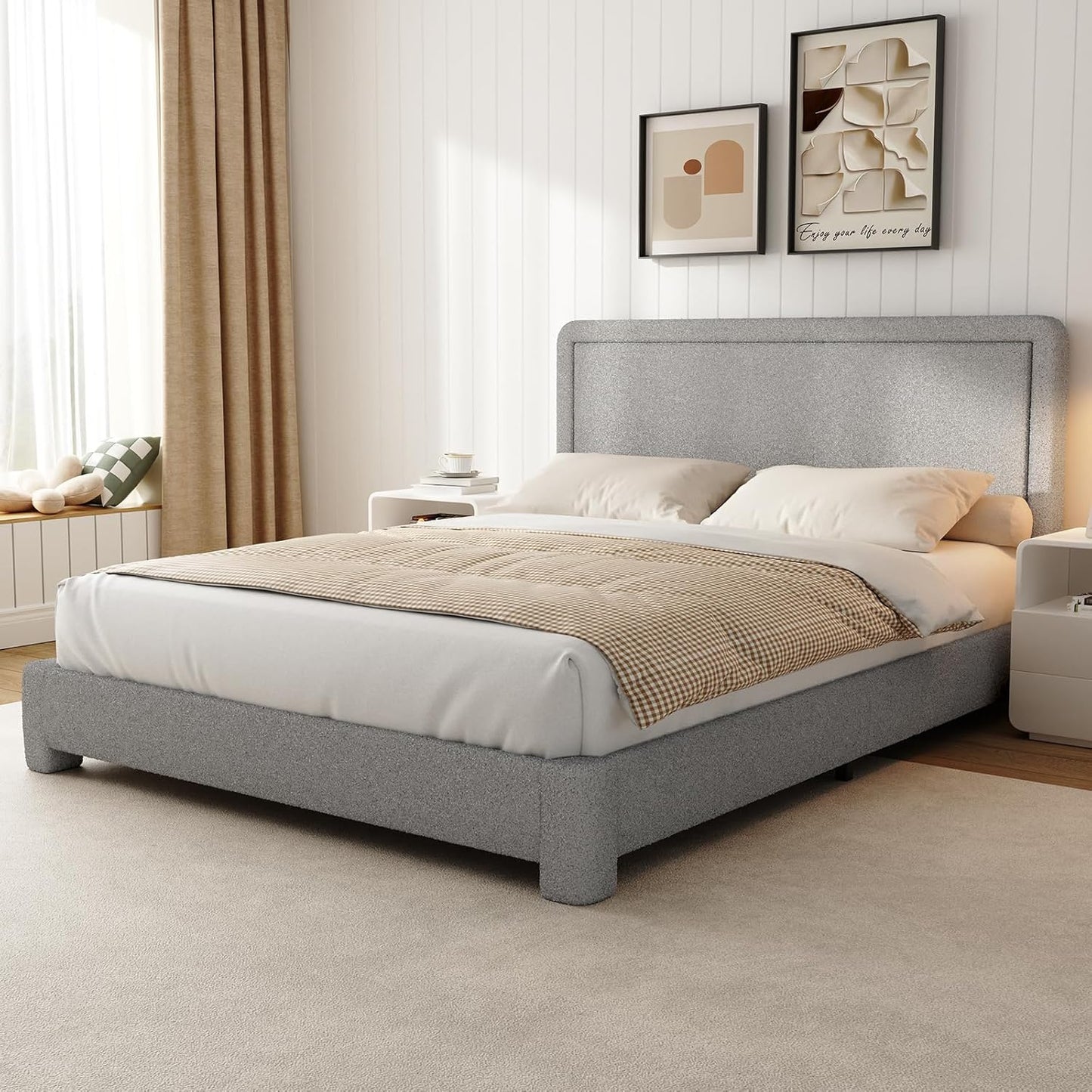Queen Size Boucle Bed Frame, Modern Cream Bed Frame with Headboard, Soft Rounded Corners, No Box Spring Required, Adjustable Headboard, Easy Assembly
