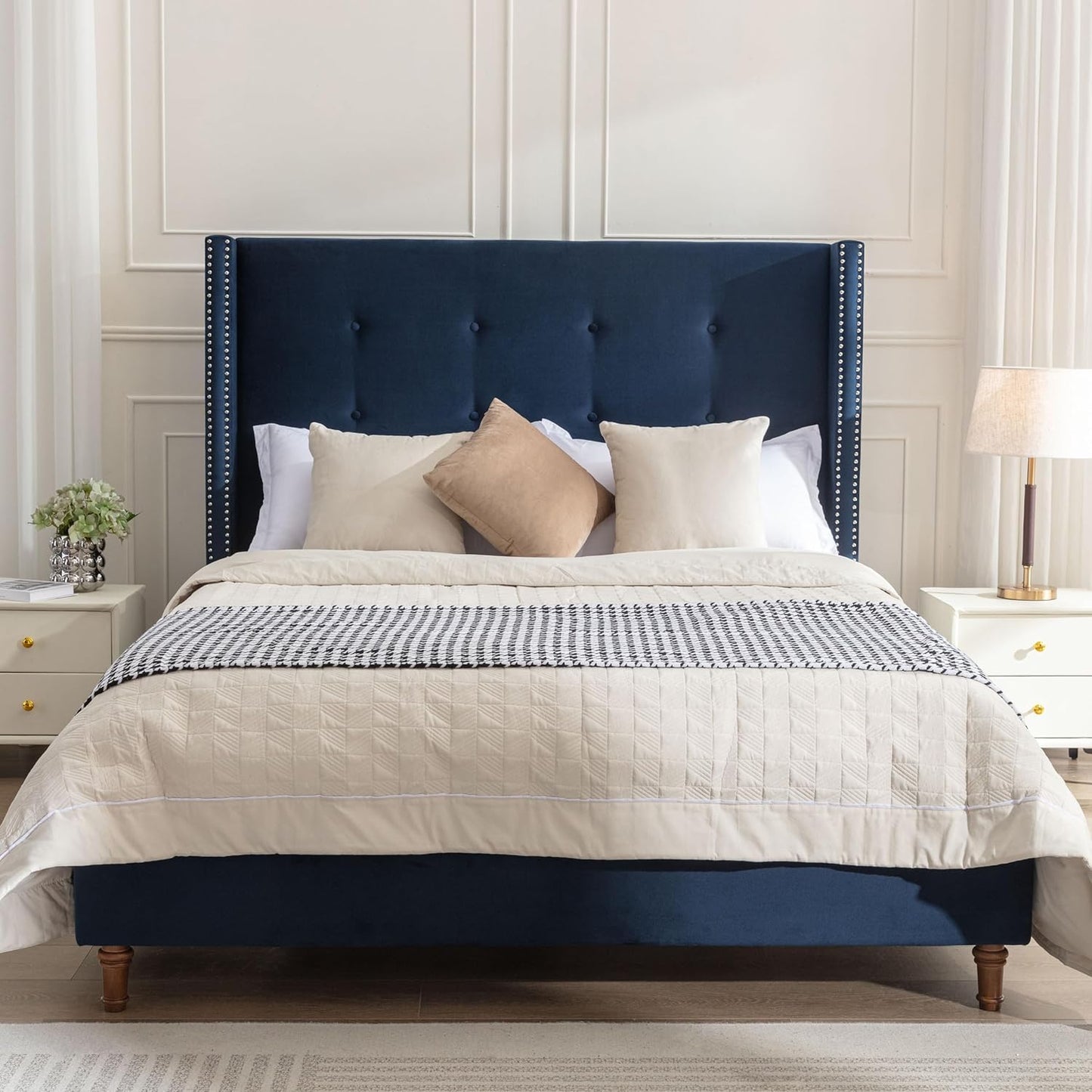 Queen Size Upholstered Platform Bed Frame, 54" High Headboard Carmen Wingback Bed, Fully Upholstered Mattress Foundation, No Box Spring Needed No Noise, Minimalist, Textured Ivory