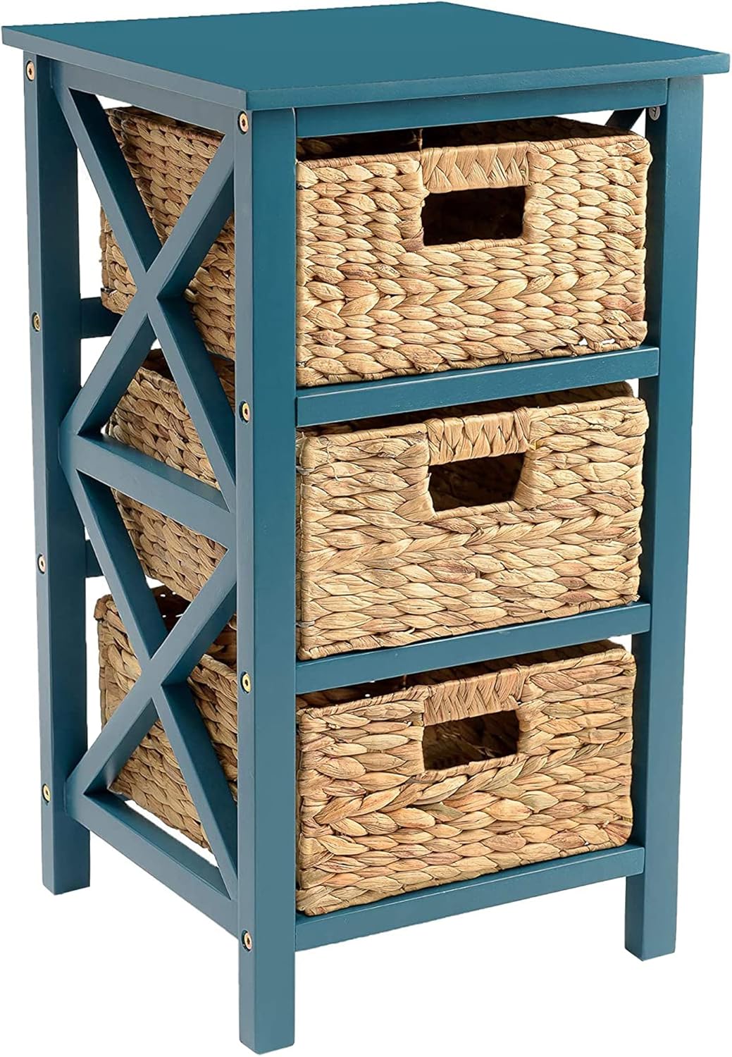 eHemco 3 Tier X-Side End Storage Cabinet with 6 Wicker Baskets, Walnut