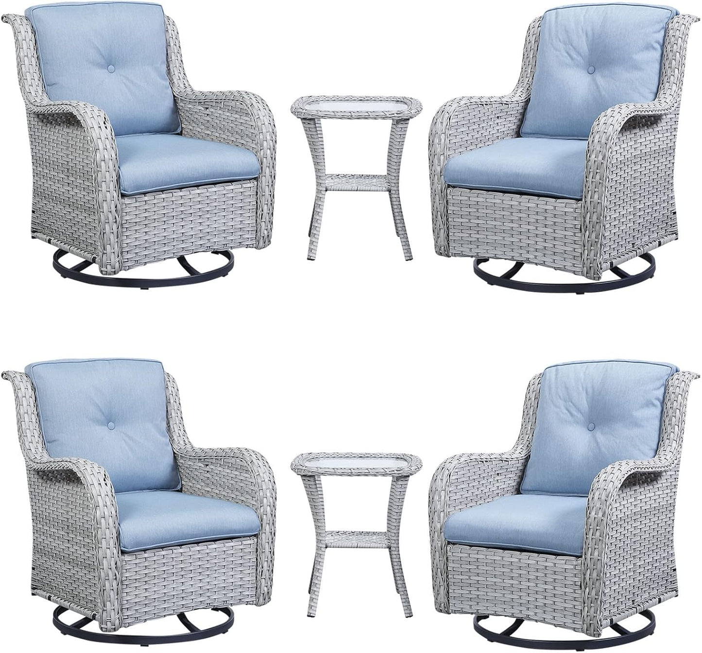 Rilyson Wicker Rocking Chair Swivel Chairs - 4 Piece Rocker Patio Chairs Set Rattan Rocking Chair for Outdoor Porch Deck Garden Backyard(Mixed Grey/Blue)