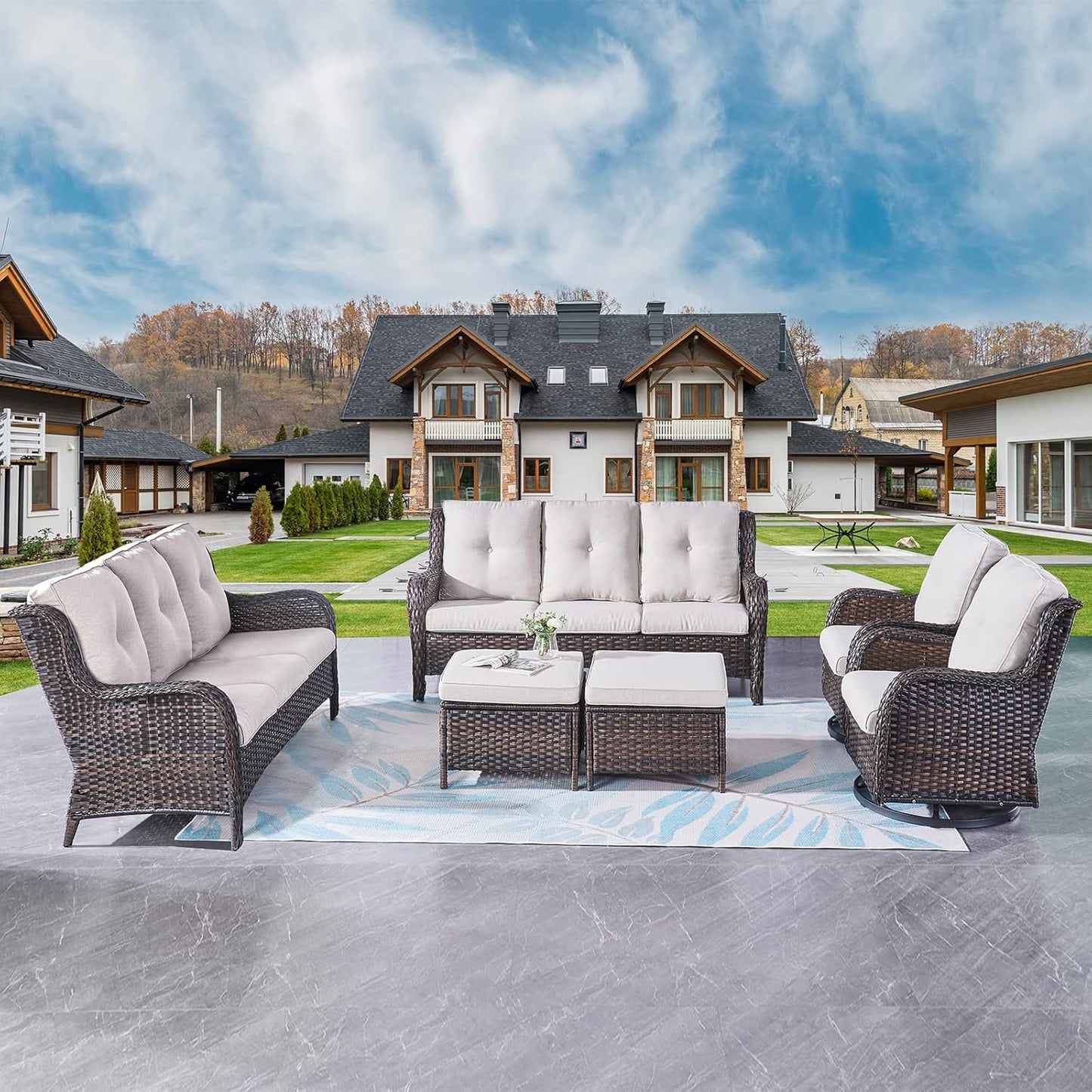 Rilyson Wicker Rocking Chair Swivel Chairs - 4 Piece Rocker Patio Chairs Set Rattan Rocking Chair for Outdoor Porch Deck Garden Backyard(Mixed Grey/Blue)