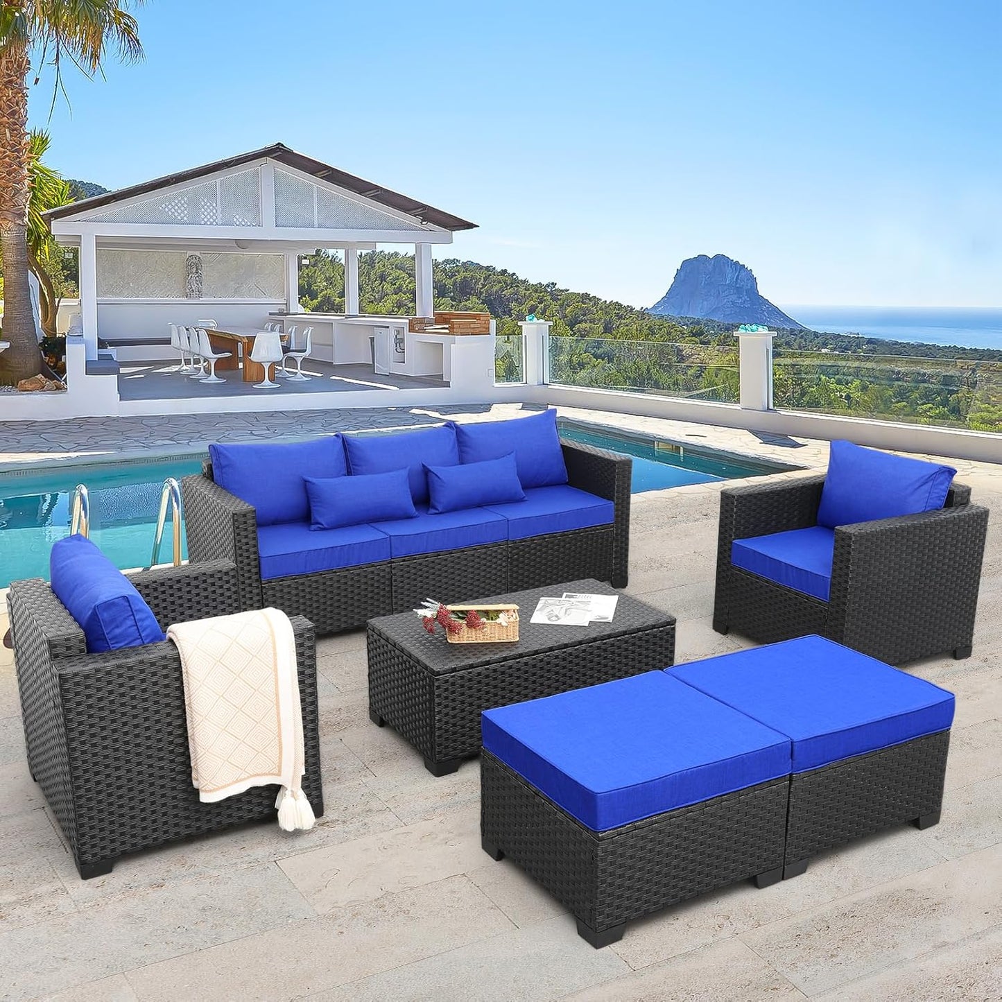 Rattaner Patio Wicker Furniture Set 6 Pieces Outdoor HDPE Wicker Conversation Couch Sectional Chair Sofa Set with Grey Cushions