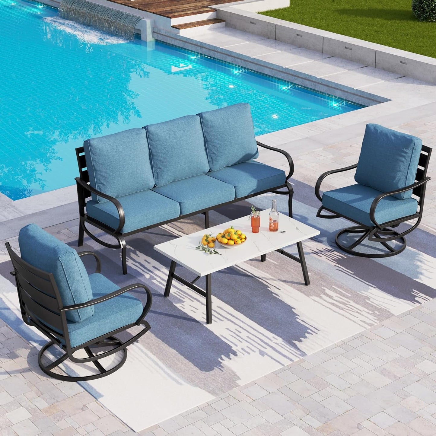 PHI VILLA 6 Piece Patio Furniture Sets with 1 x 3 Seater Padded Deep Seating Bench, 2 x Swivel Cushioned Sofa Chairs, 2 x Leg Sofa Chairs and 1 x Coffee Table, Outdoor Metal Furniture Set for 7