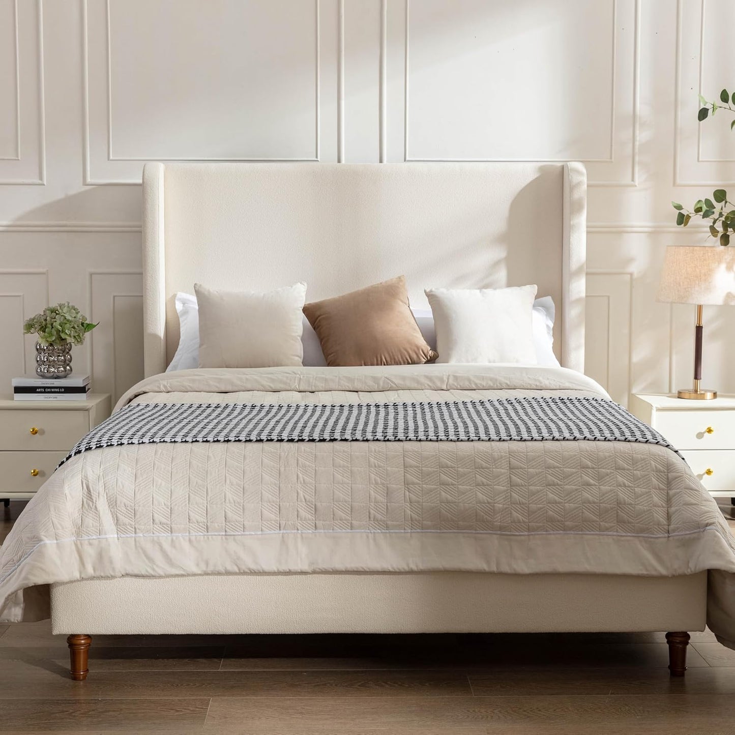 Queen Size Upholstered Platform Bed Frame, 54" High Headboard Carmen Wingback Bed, Fully Upholstered Mattress Foundation, No Box Spring Needed No Noise, Minimalist, Textured Ivory