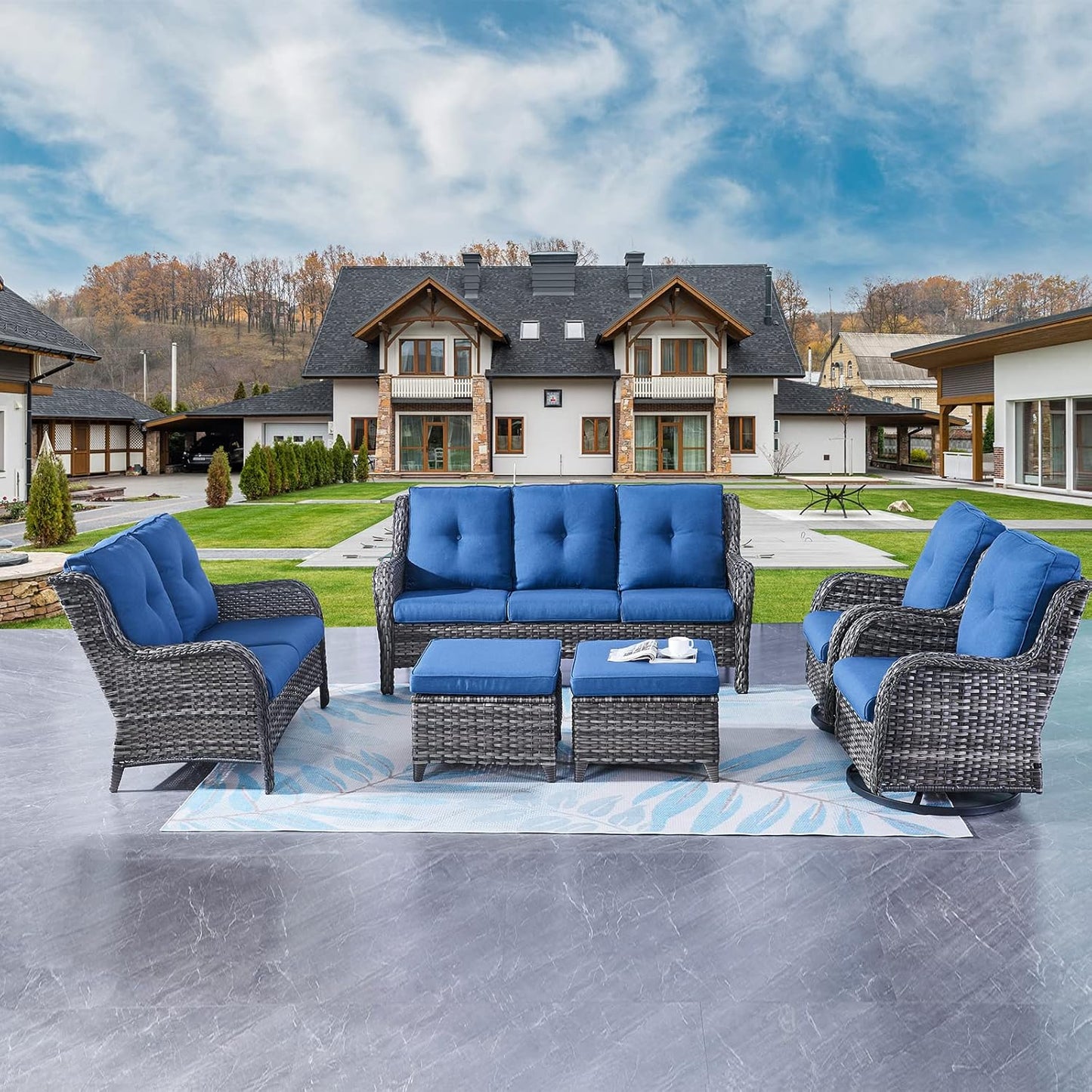 Rilyson Wicker Rocking Chair Swivel Chairs - 4 Piece Rocker Patio Chairs Set Rattan Rocking Chair for Outdoor Porch Deck Garden Backyard(Mixed Grey/Blue)