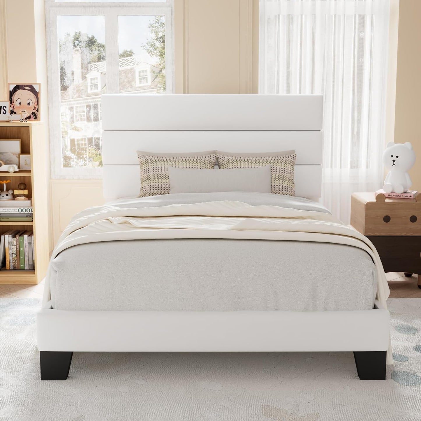 Allewie King Size Platform Bed Frame with Fabric Upholstered Headboard and Wooden Slats Support, Fully Upholstered Mattress Foundation/No Box Spring Needed/Easy Assembly, Beige